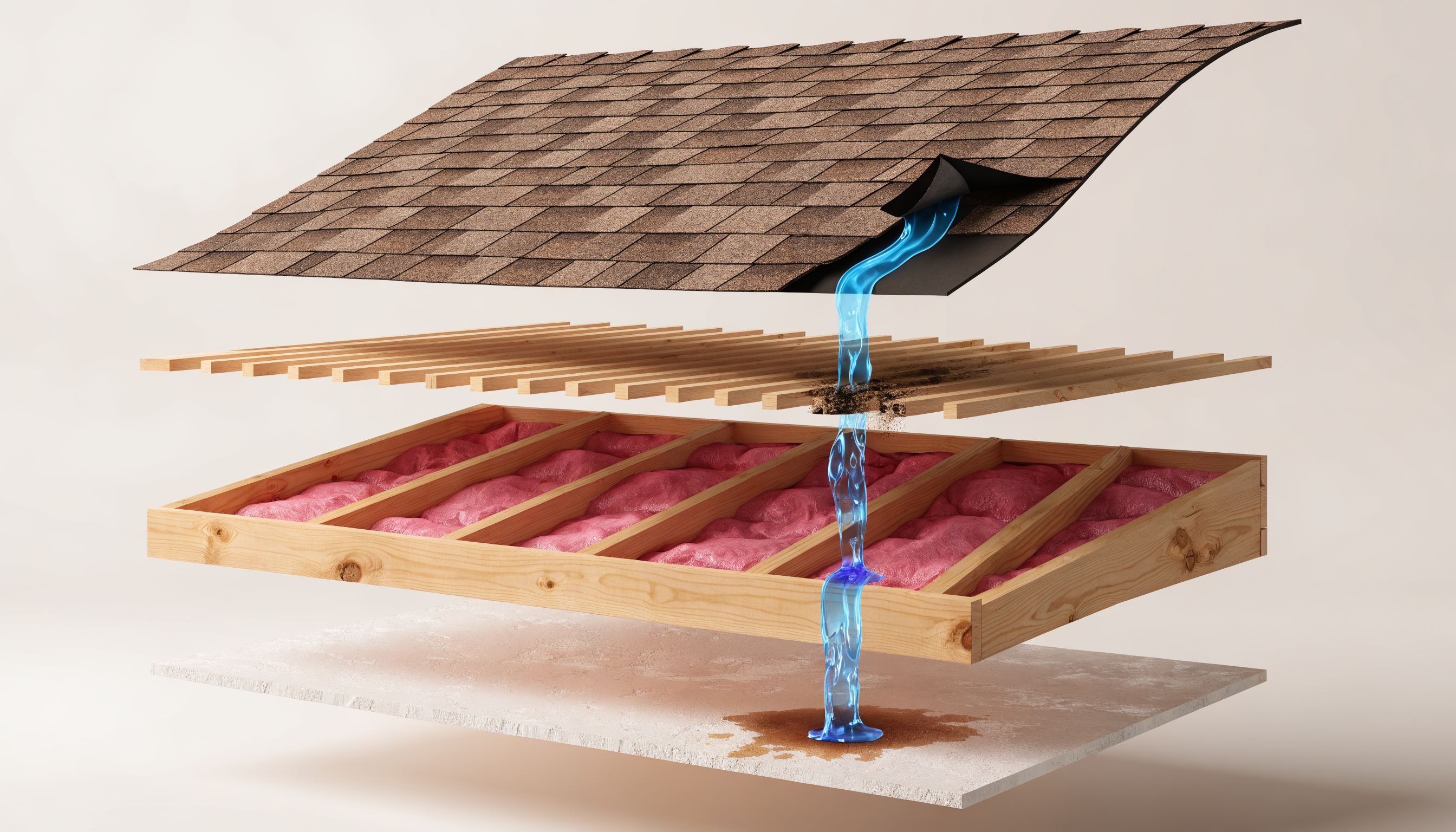 Exploded 3D render of a roof assembly showing water entering at a failed flashing, traveling across the decking through a mold patch, and staining the ceiling far from the entry point