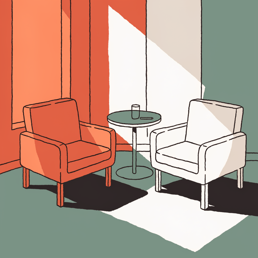 Illustration of two armchairs facing each other in a sunlit room