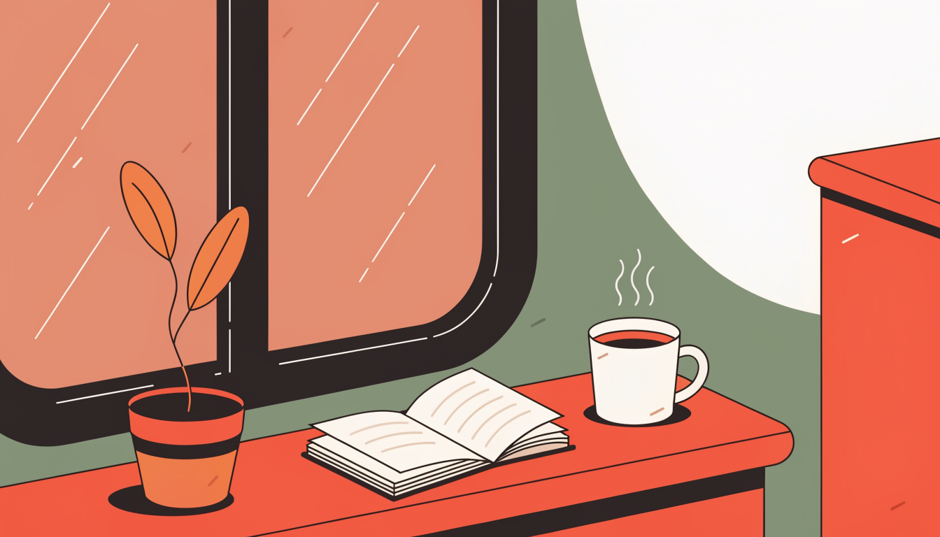 Illustration of a plant on a sunlit windowsill with a journal and tea