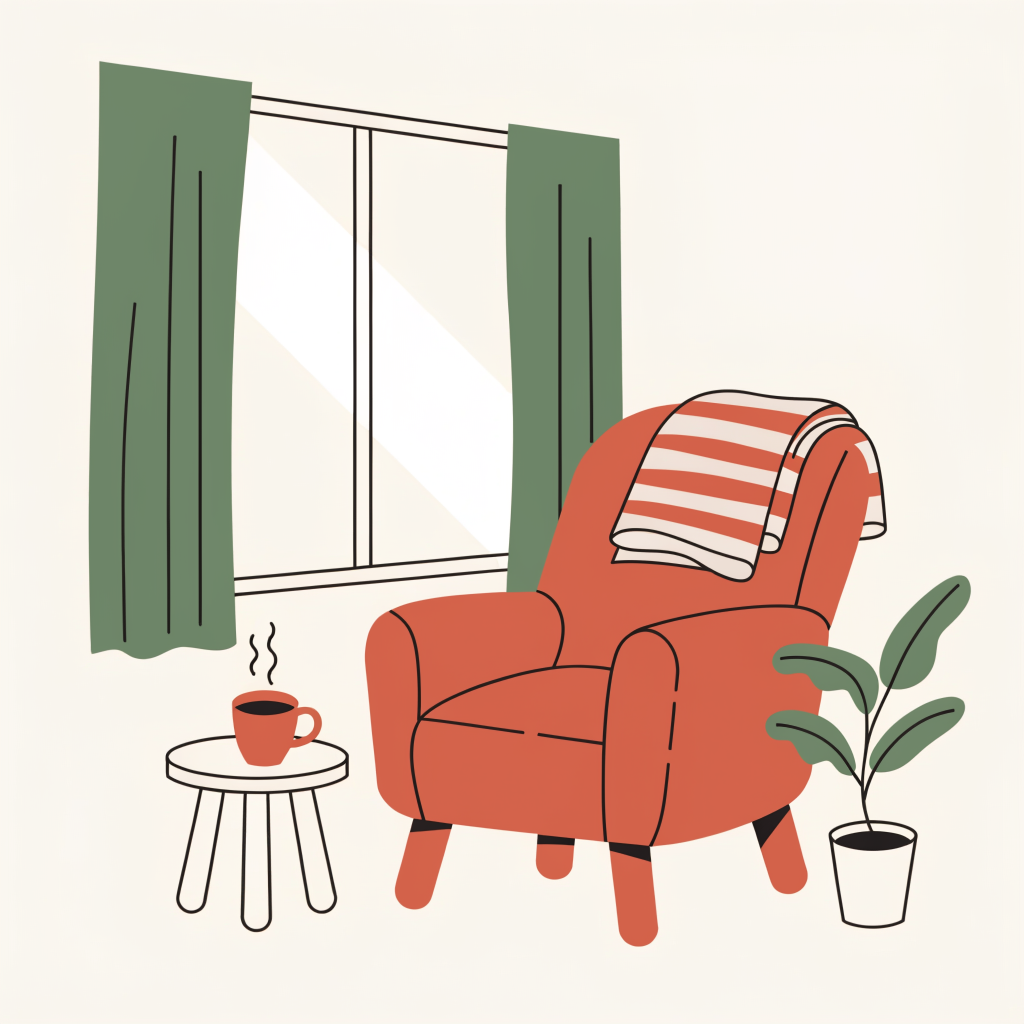 Illustration of a cozy reading nook with an armchair, blanket, and tea