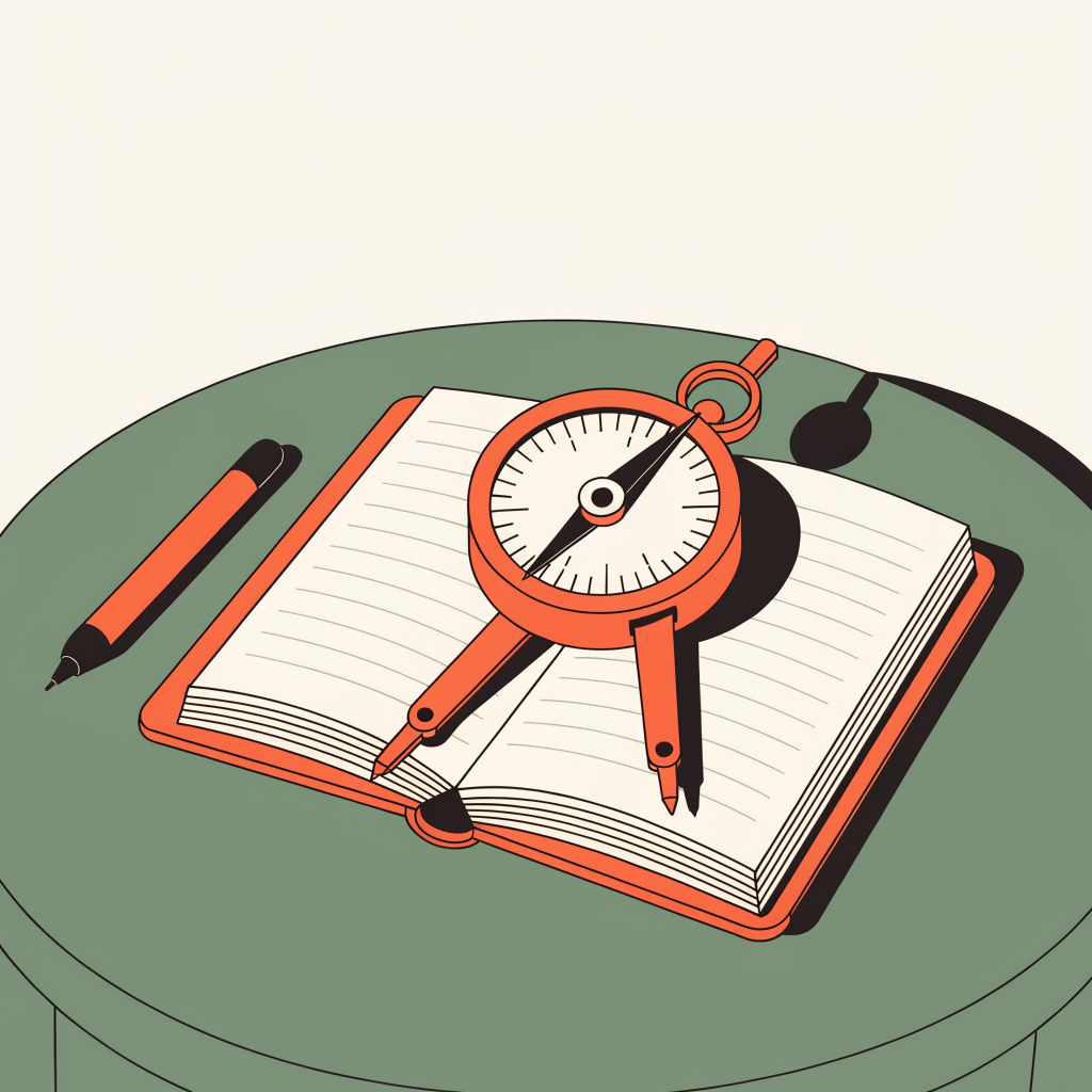 Illustration of a compass resting on an open notebook