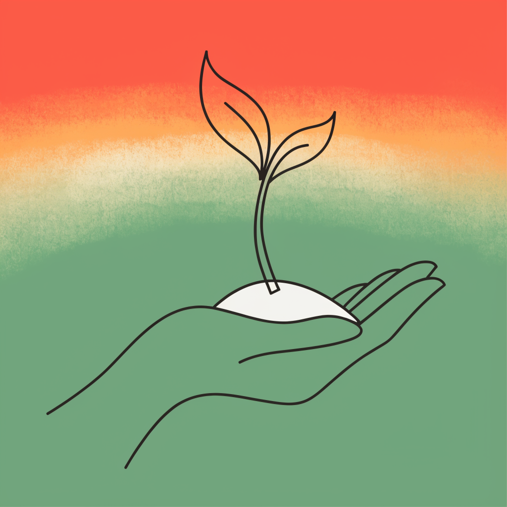 Illustration of a hand cupping a small sprouting seedling