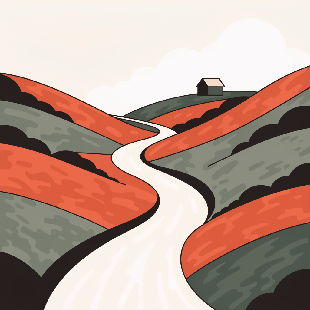Illustration of a winding path through hills leading to a small cottage