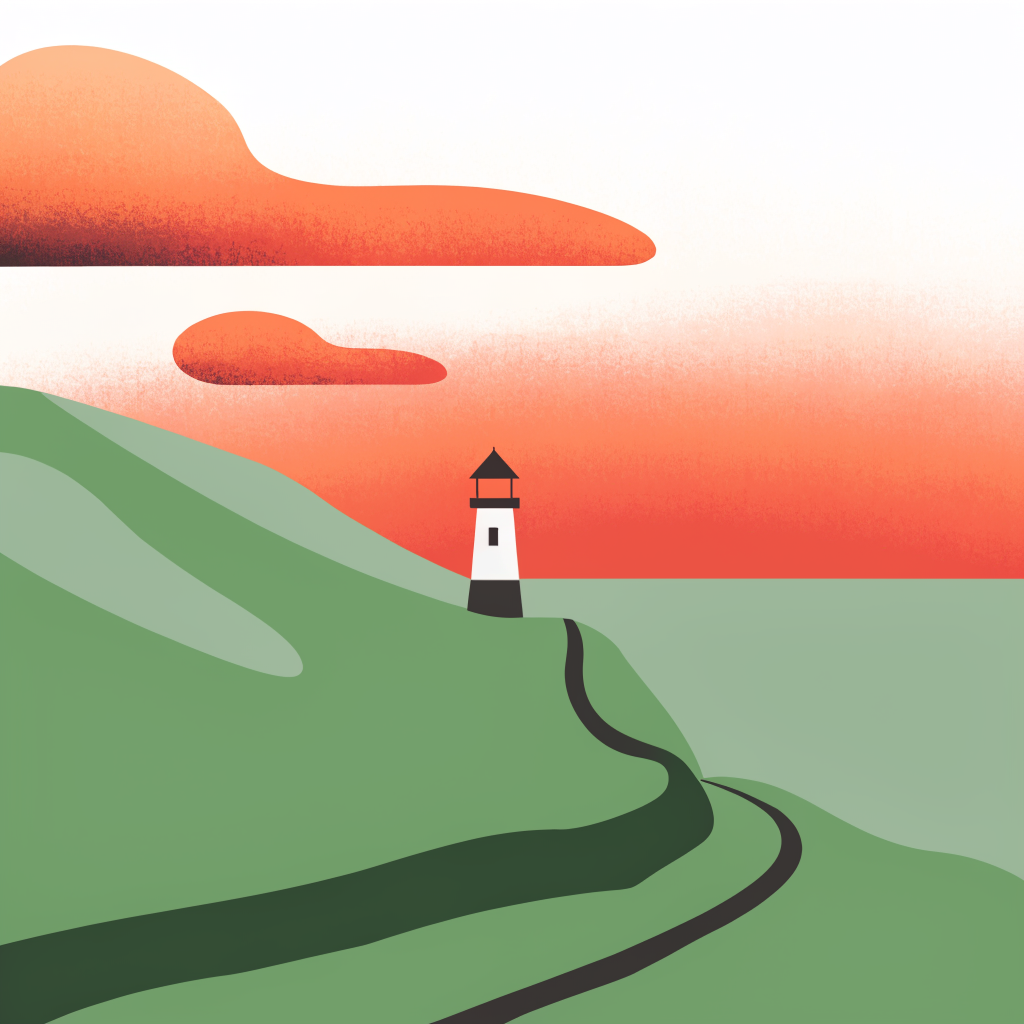 Illustration of a small lighthouse on a calm coastline