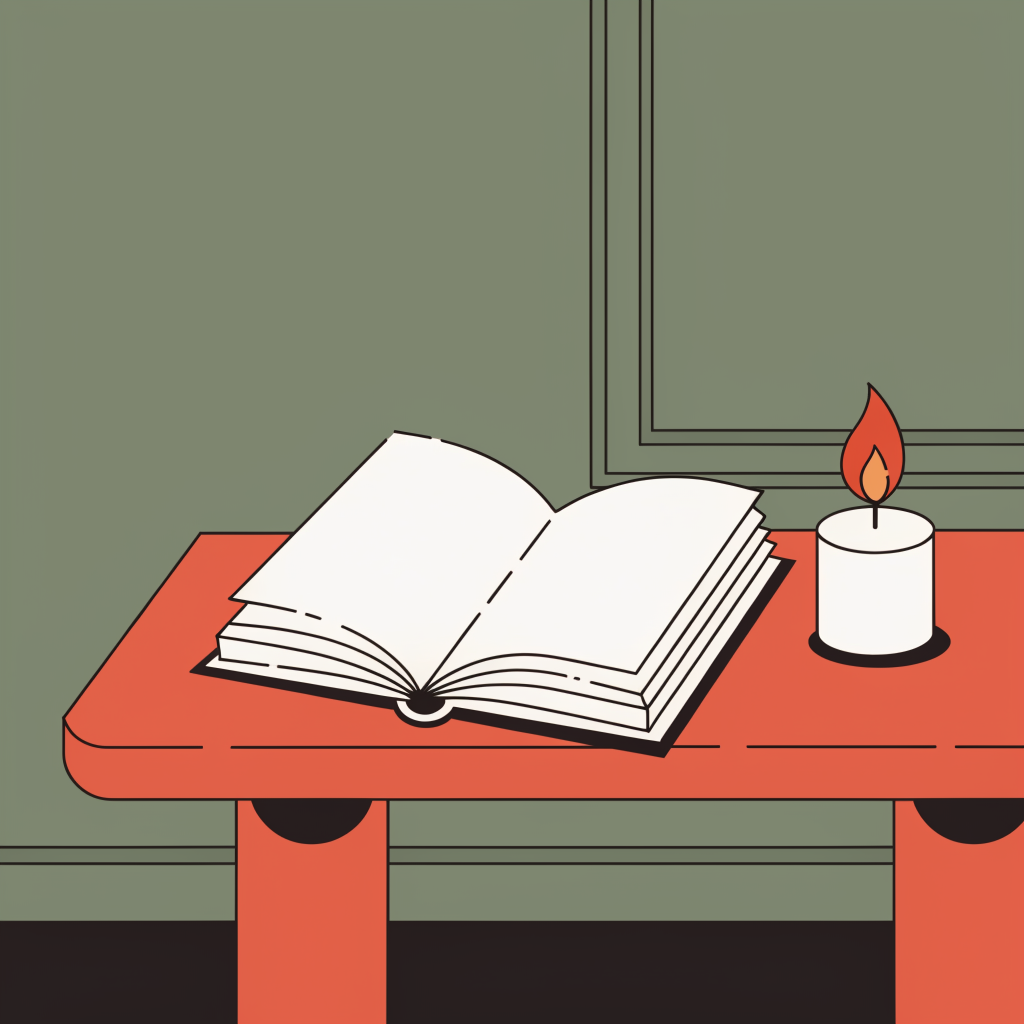 Illustration of an open book beside a candle on a wooden table