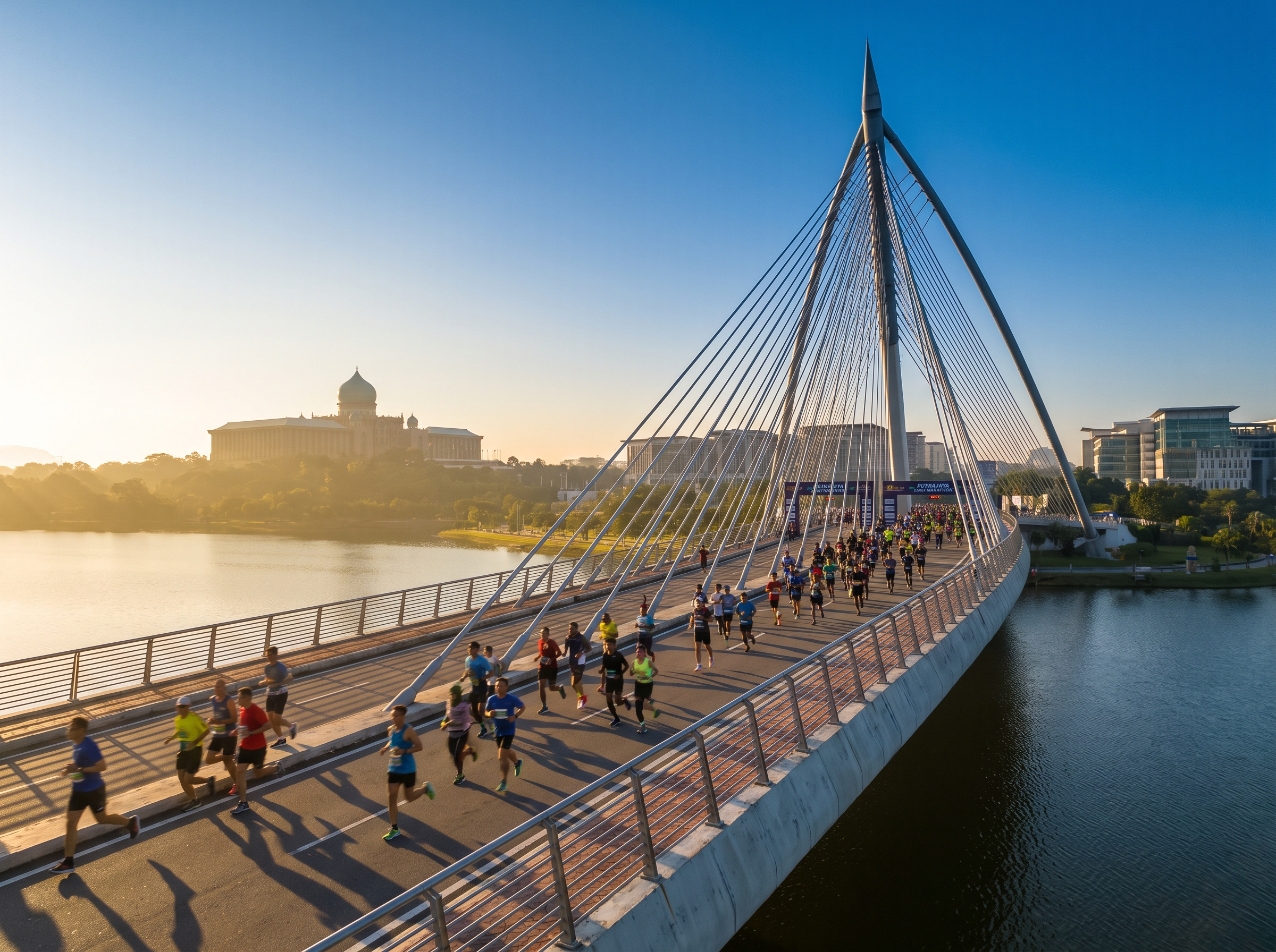 Runners crossing a bridge at sunrise