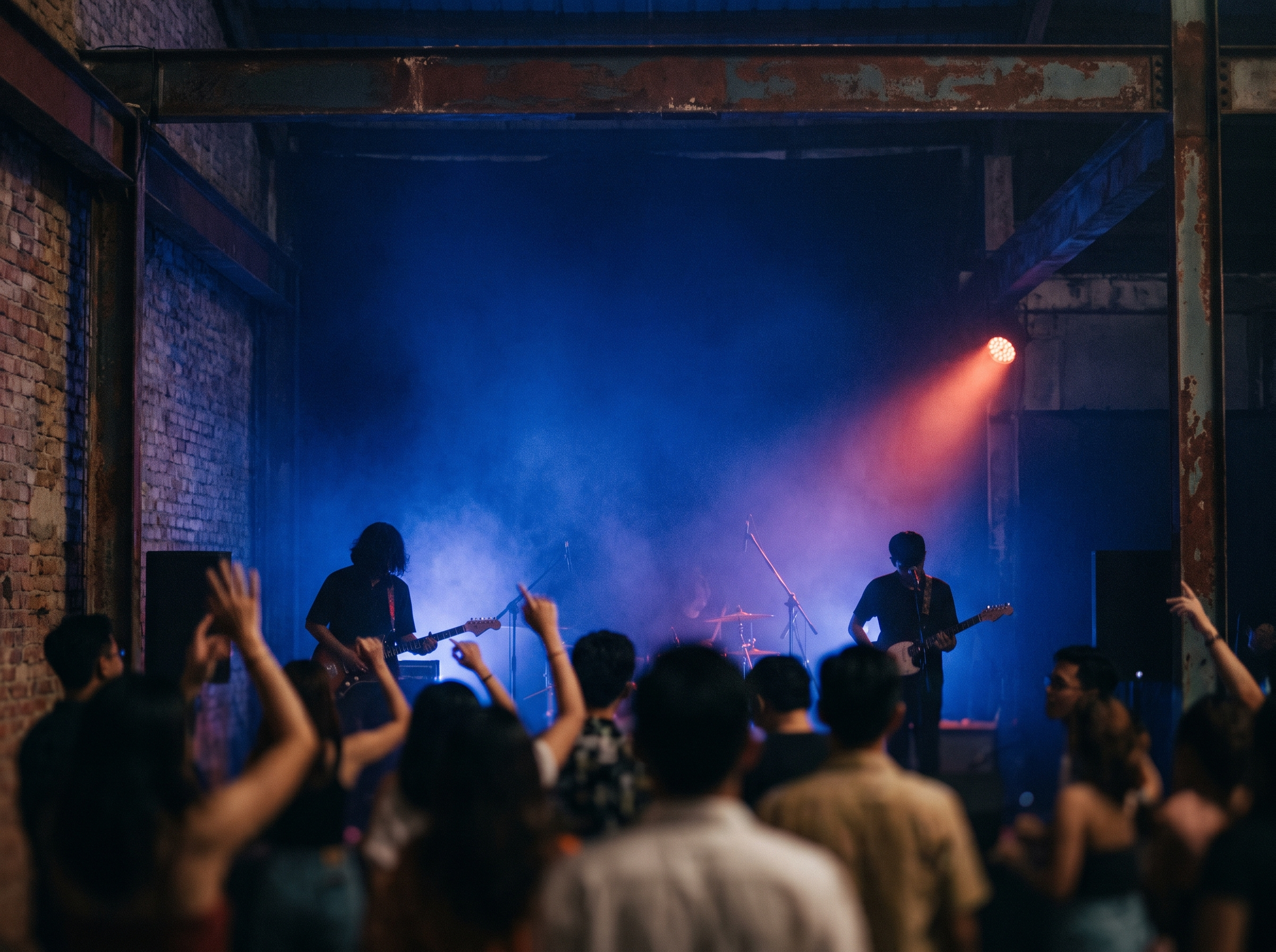 Indie band performing at a warehouse venue