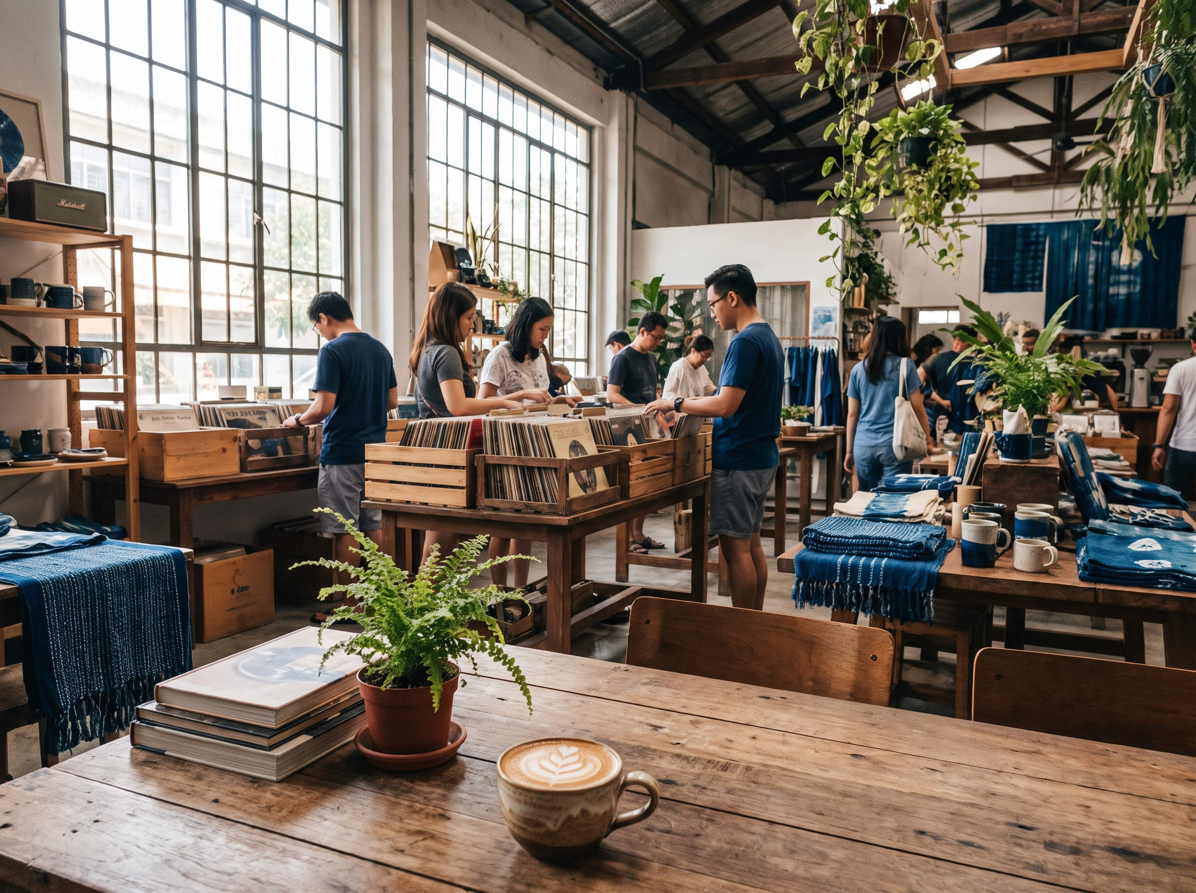Weekend artisan market with vinyl records and coffee