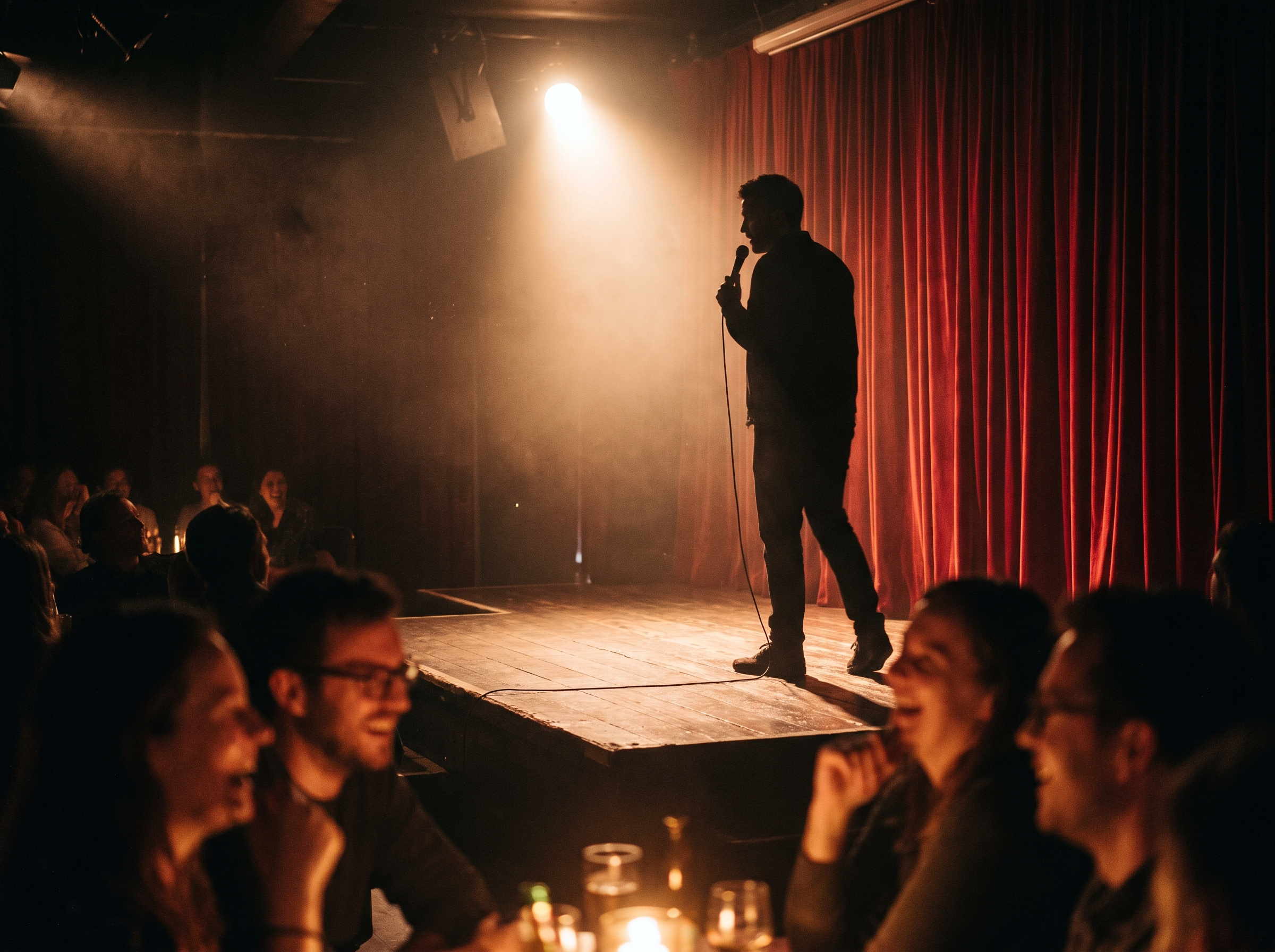 Stand-up comedian on stage under a spotlight