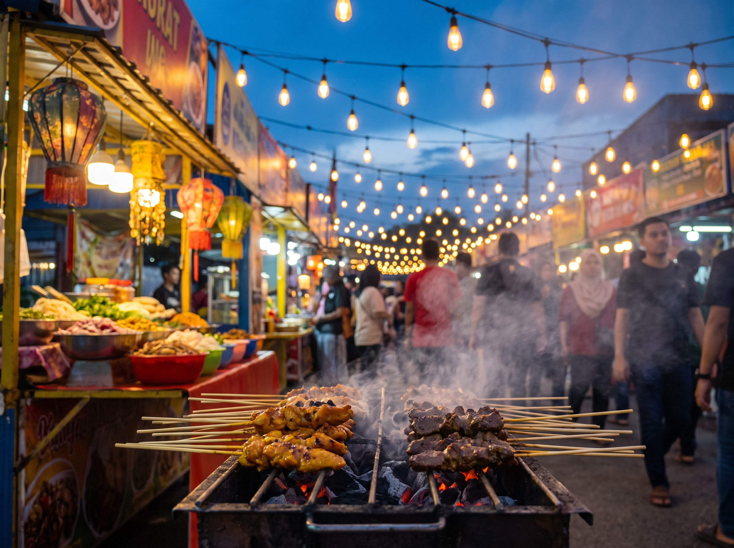 Night street food festival with satay grilling