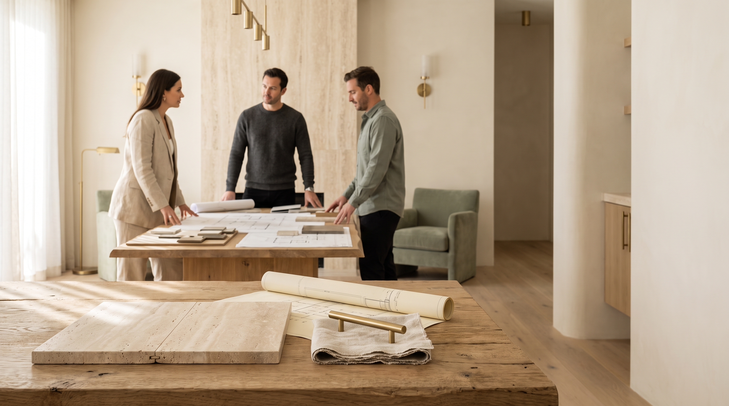Warm, softly lit interior of a contemporary South Florida residence in development, with a curated flat-lay of stone, blueprint and brass material samples in the foreground and a client, agent and vendor in quiet conversation over drawings in the background.