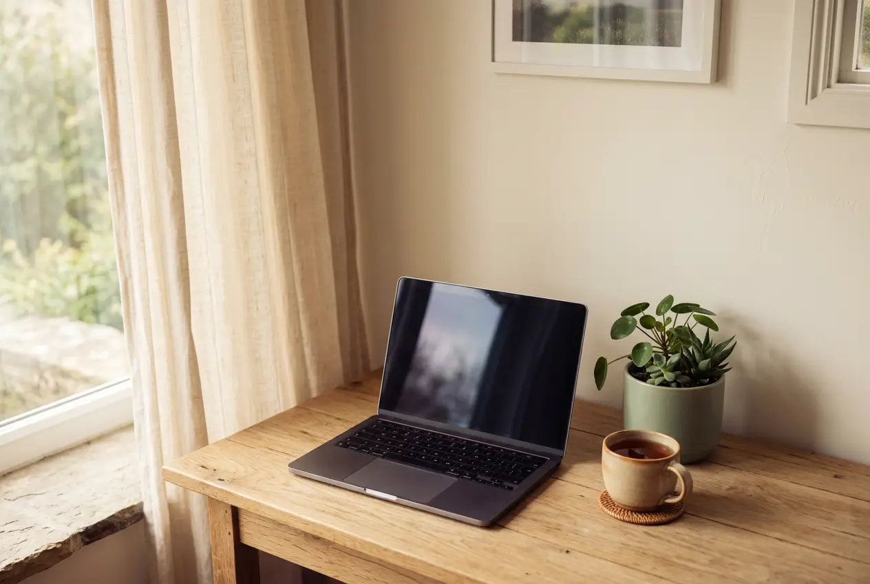 Notebook sobre mesa de madeira clara ao lado de uma janela com luz suave da manhã