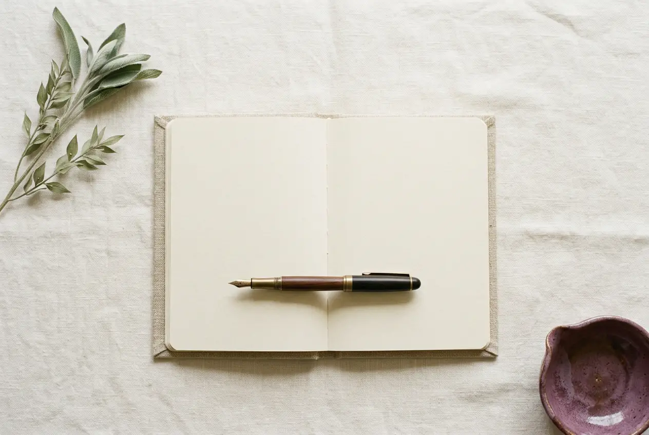 Caderno aberto de páginas em branco e caneta sobre toalha de linho clara, visto de cima