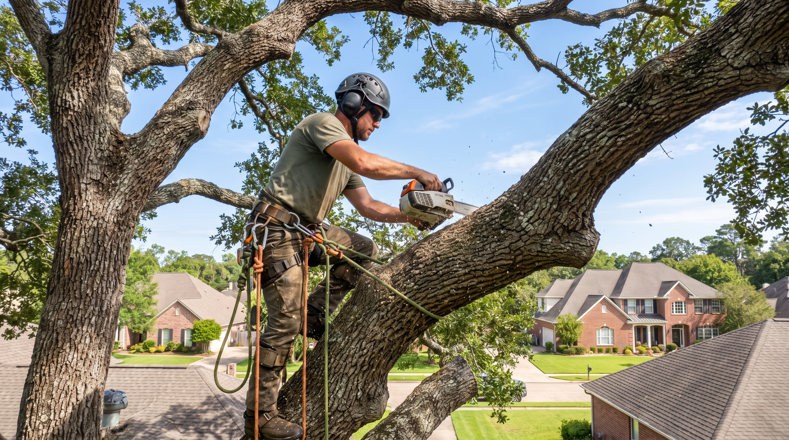 Arborist trimming a tree
