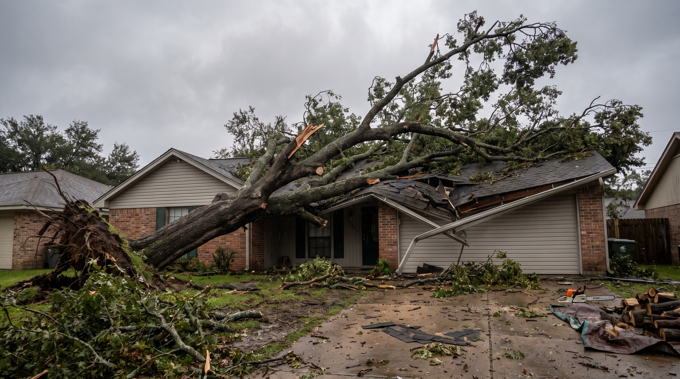 Storm damage tree on house