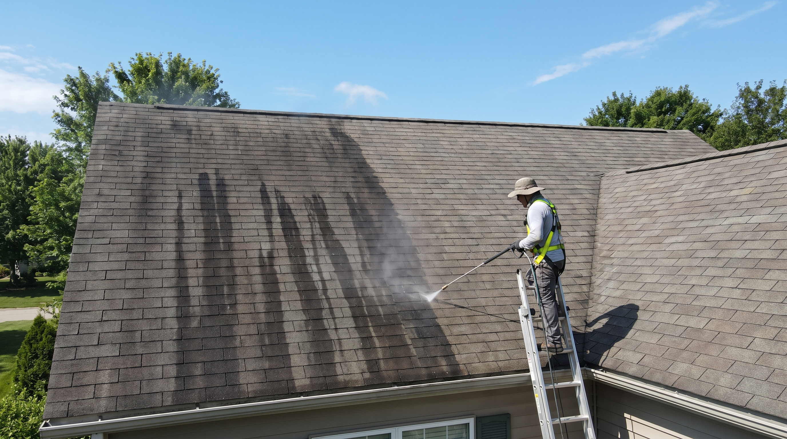 Roof soft wash removing algae