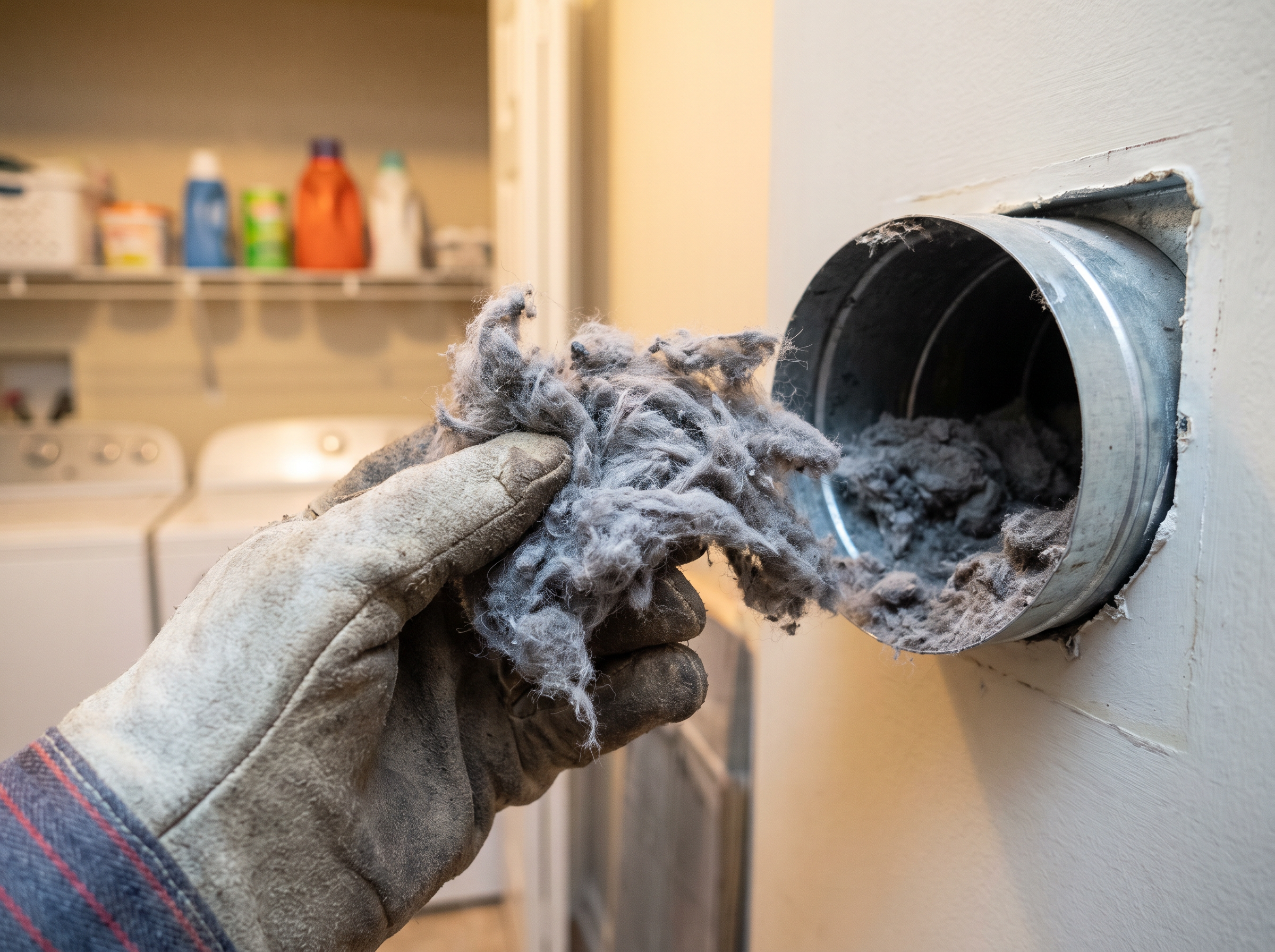 Technician removing a large clump of lint from a home dryer vent