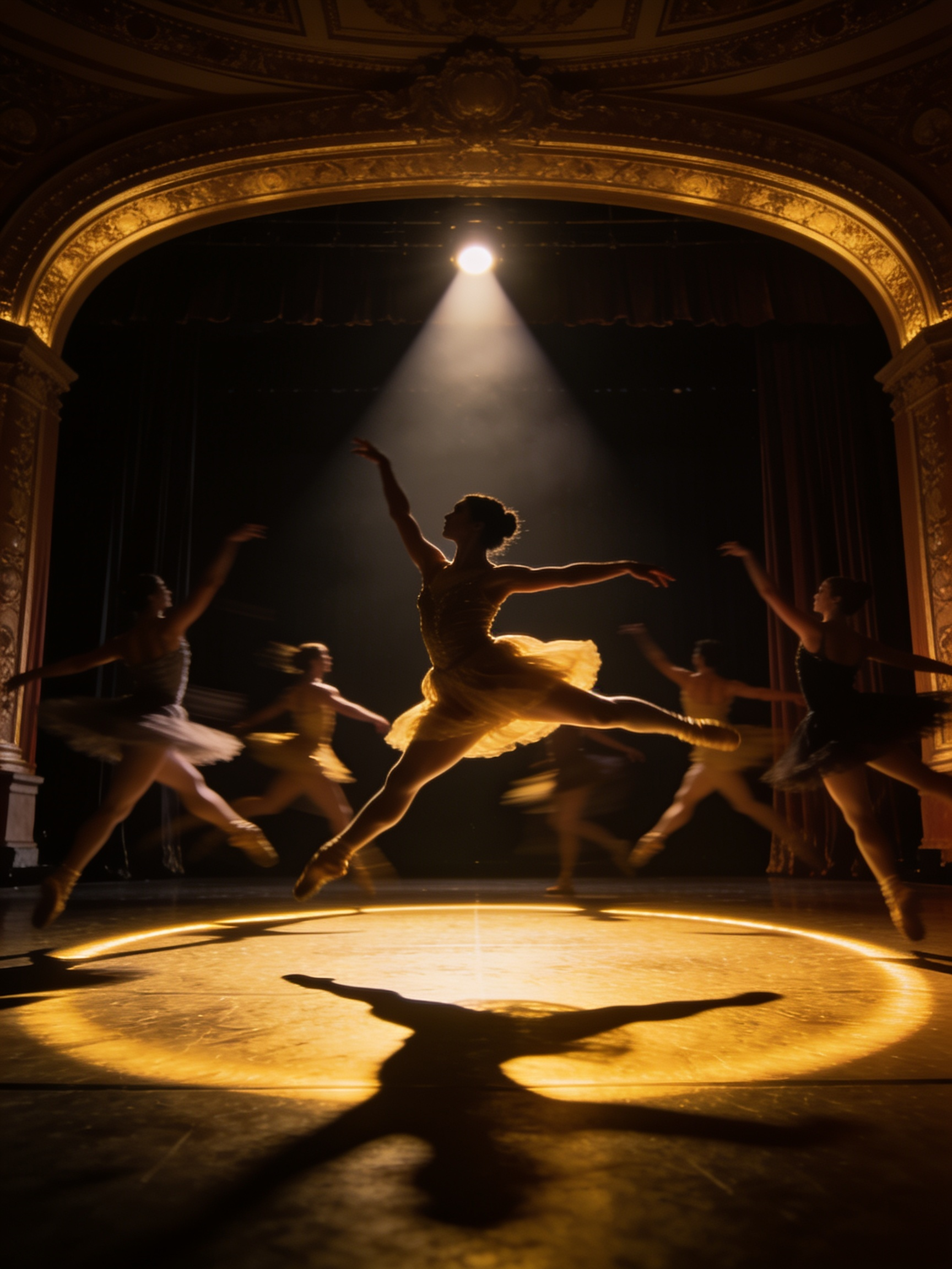 Ballet company mid-leap under a stage spotlight