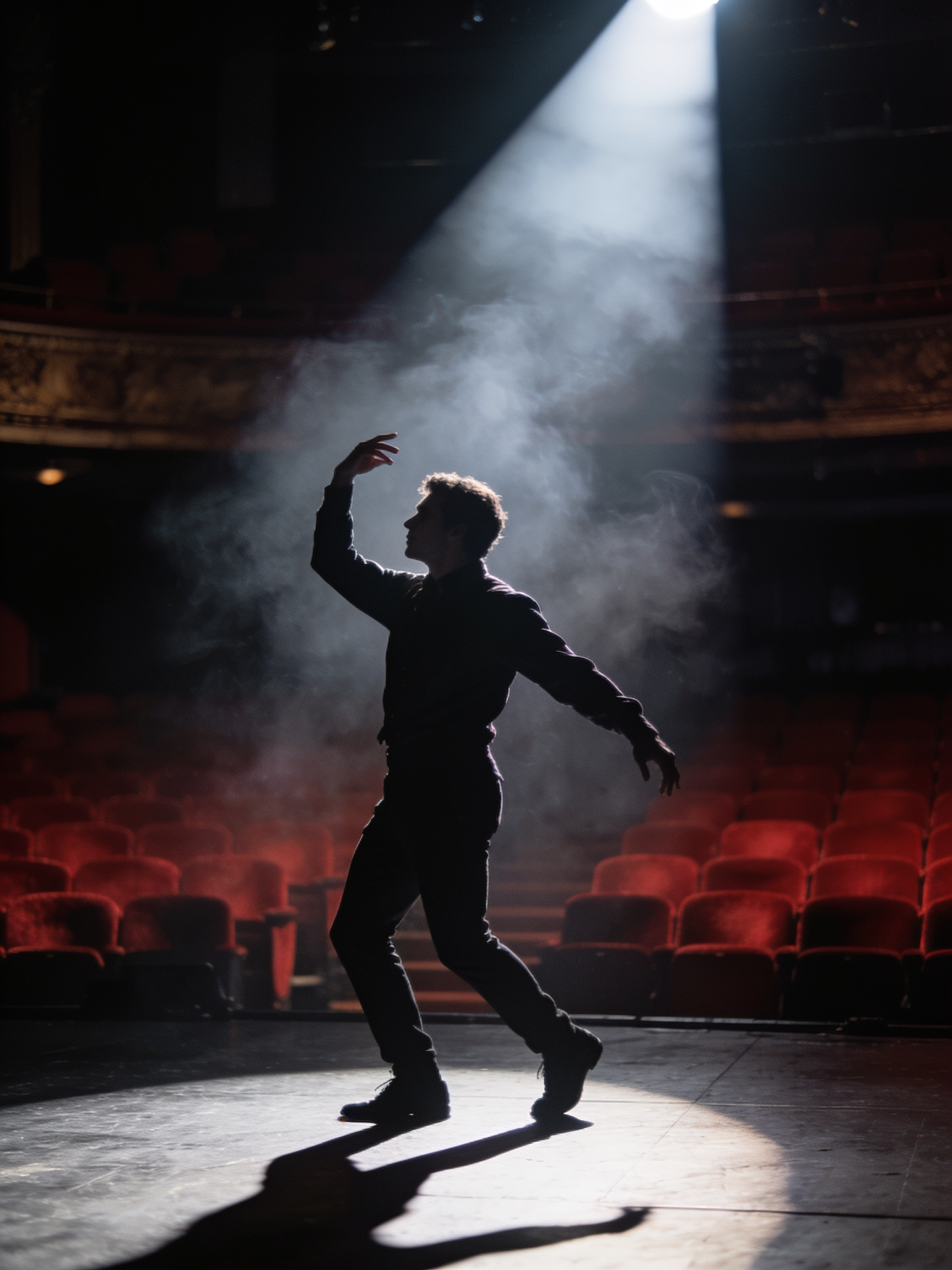 Stage actor under a single spotlight in a Broadway house