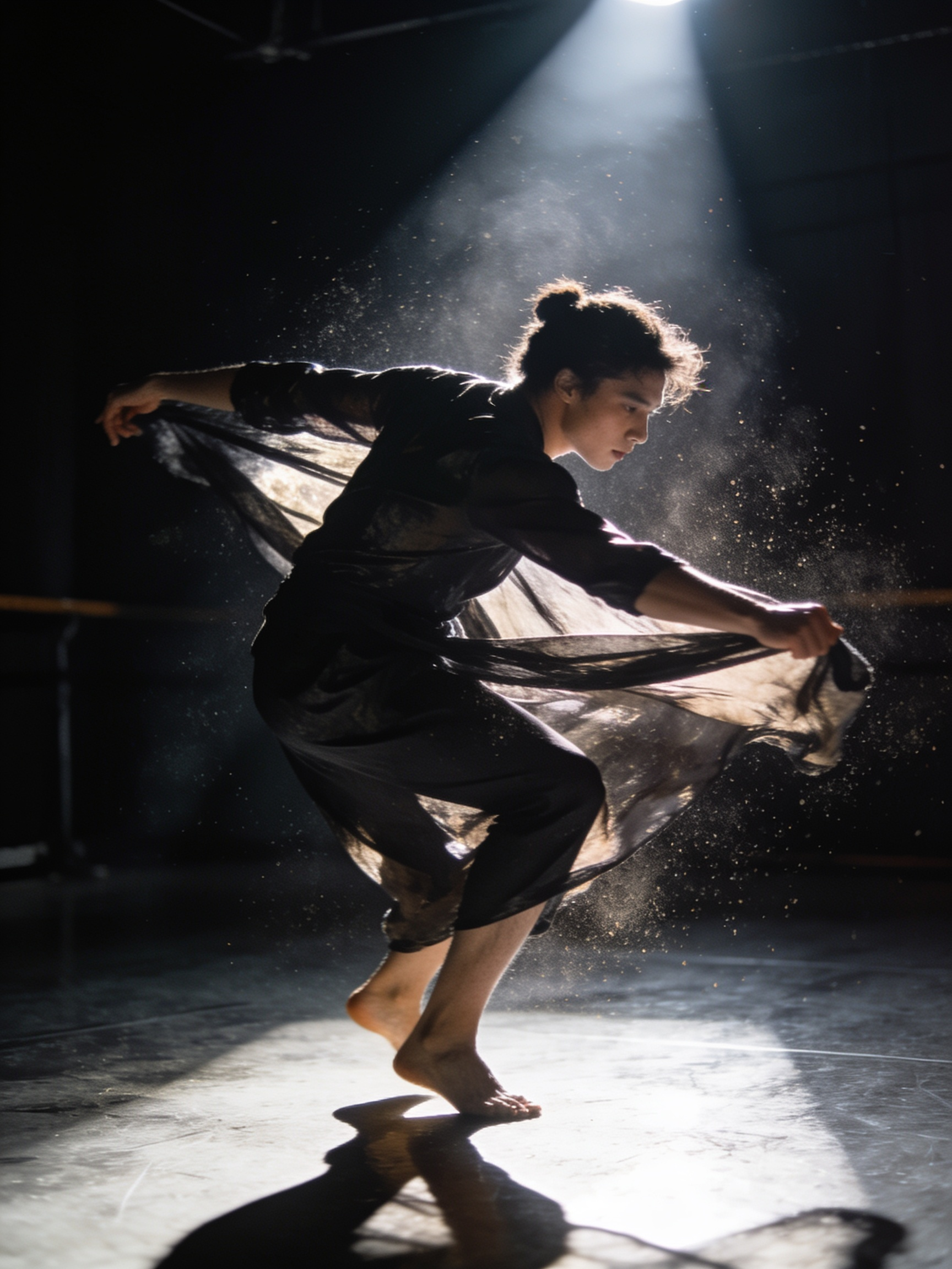 Contemporary dancer rehearsing under dramatic side light