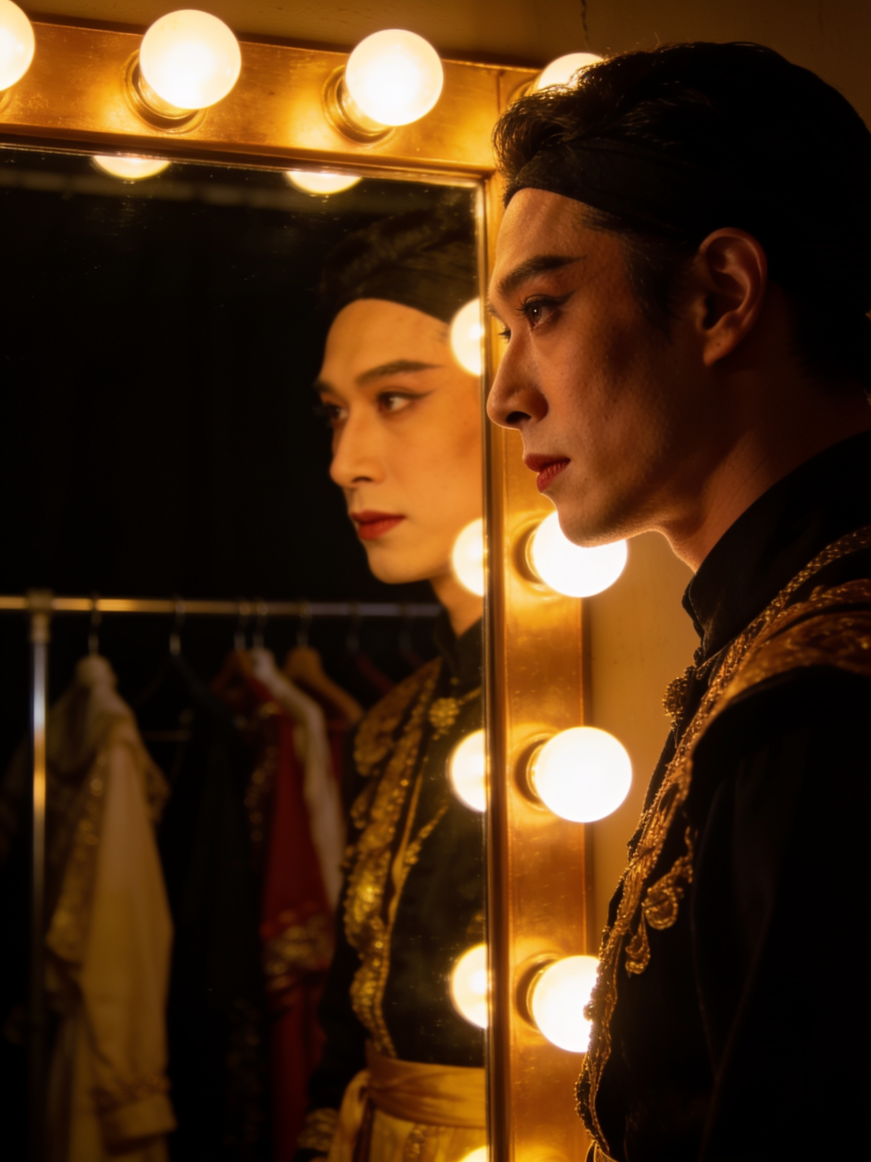 Performer preparing backstage at a bulb-lit dressing room mirror