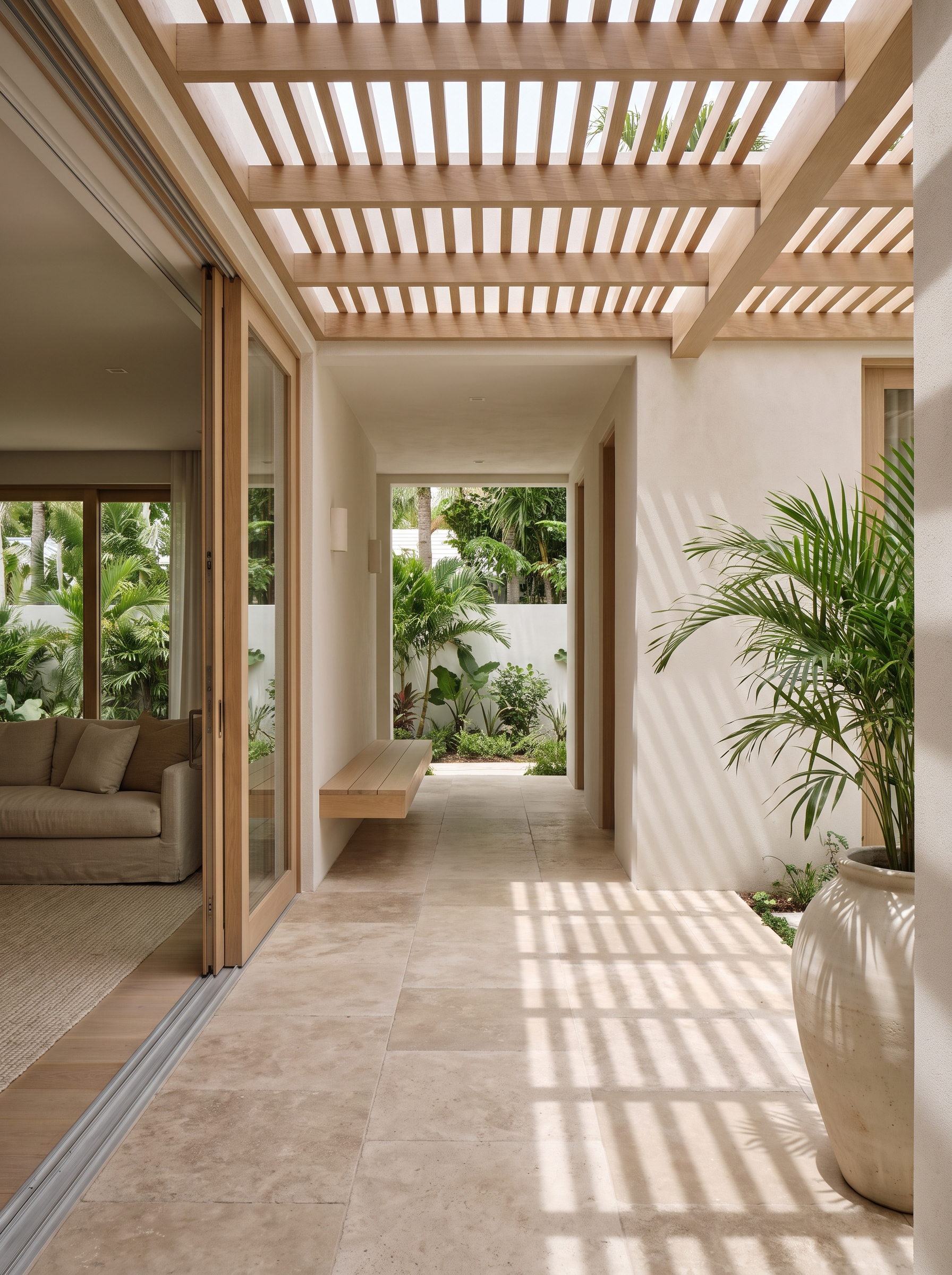Minimal interior courtyard with natural stone and soft daylight.