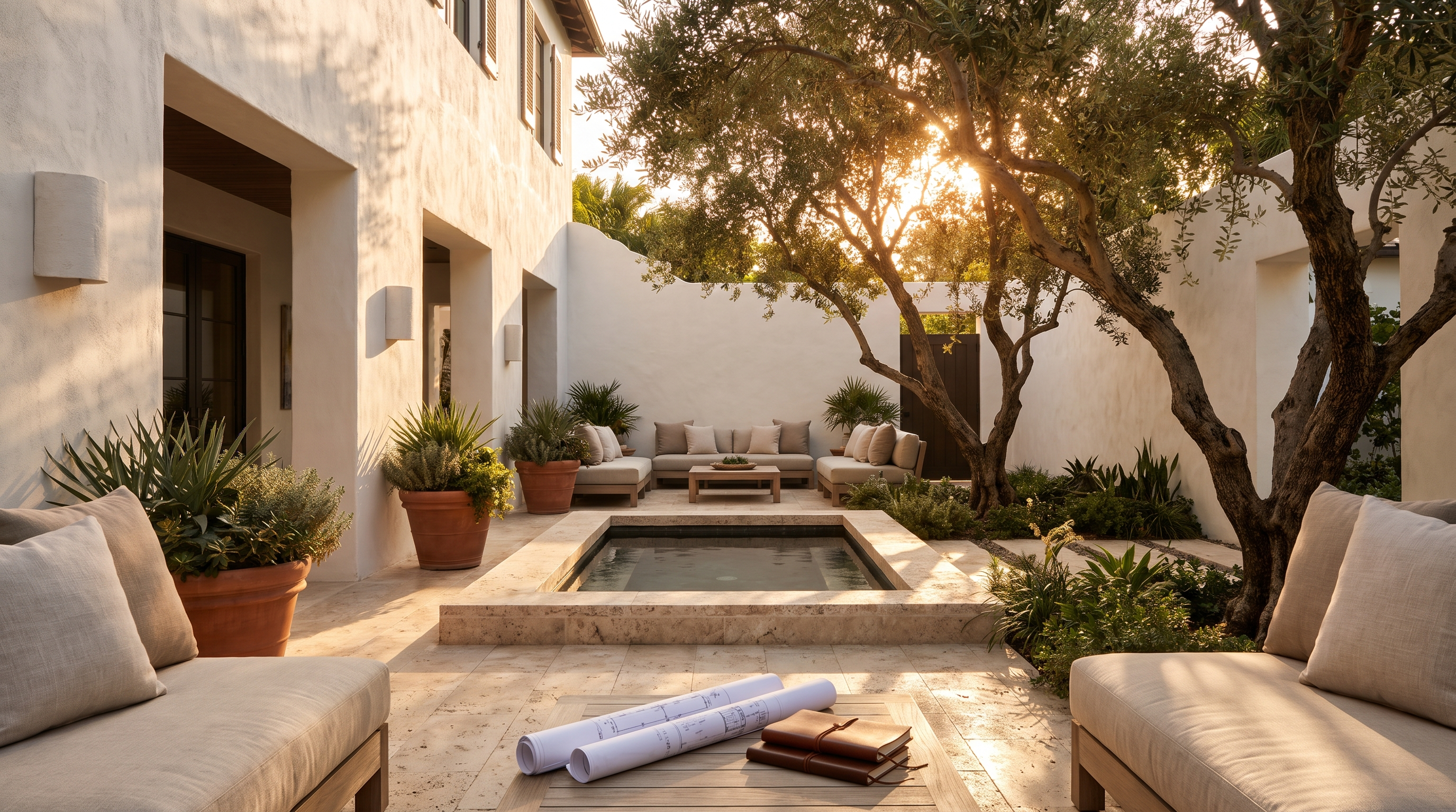Architectural courtyard at golden hour.