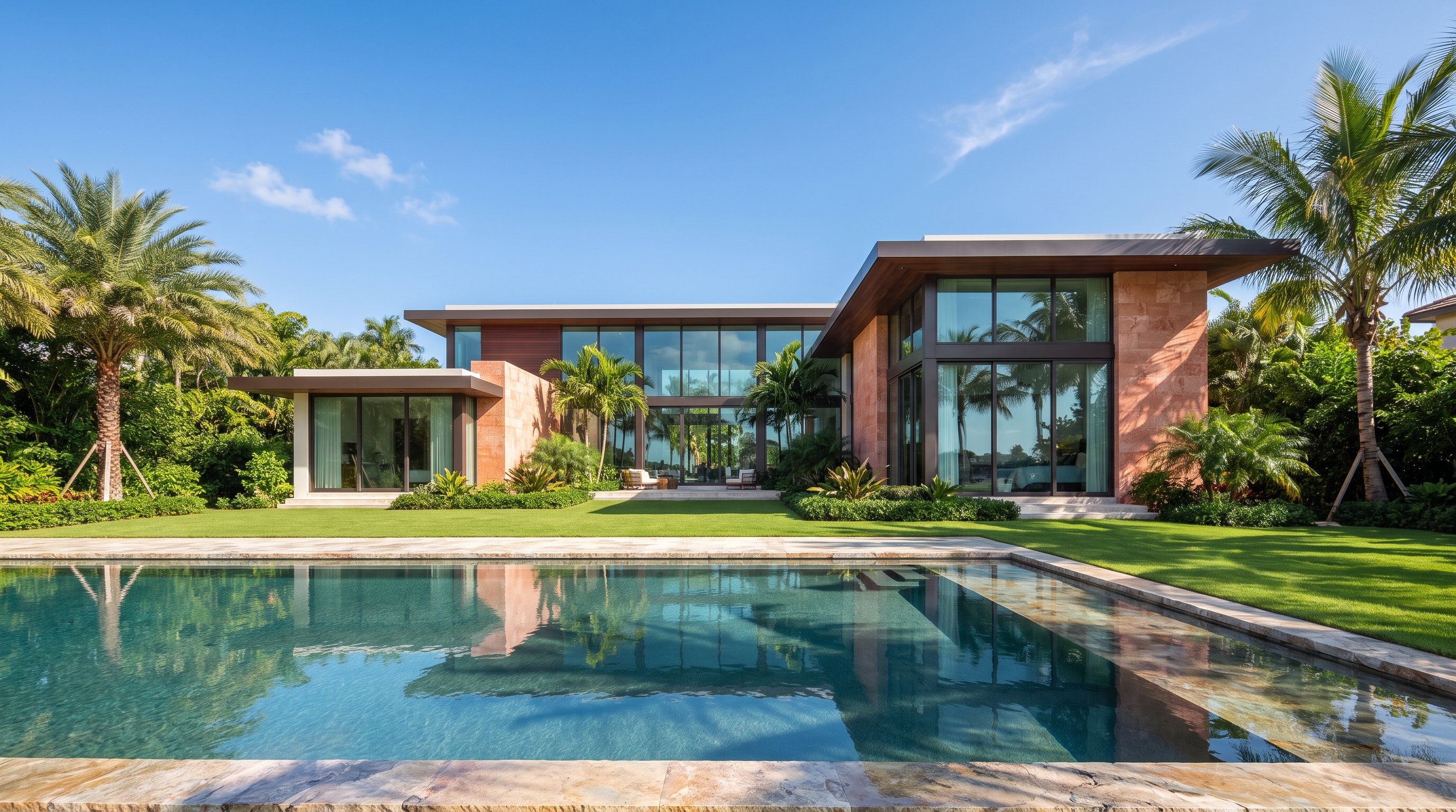 Contemporary luxury South Florida residence in clear daylight, framed by palms and natural stone.