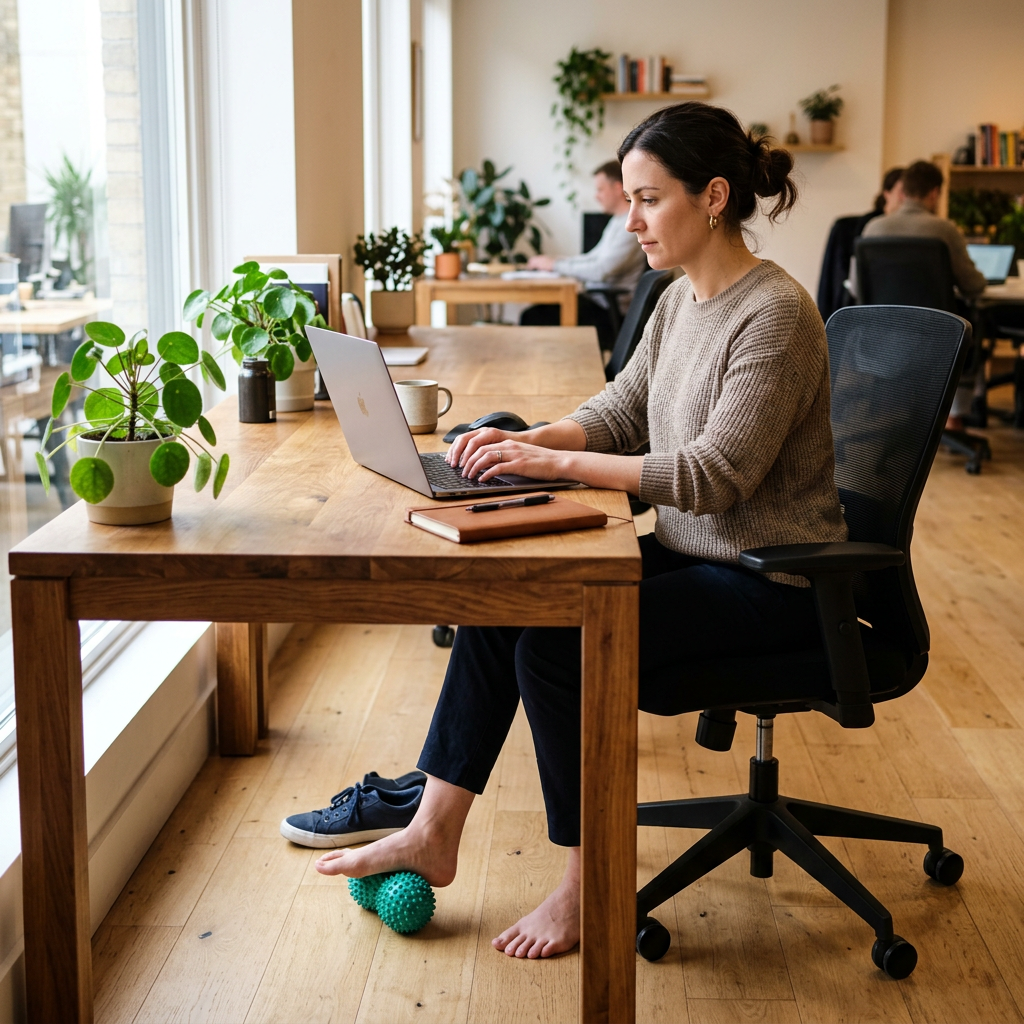 La balle a picots au bureau, sous le pied en travaillant