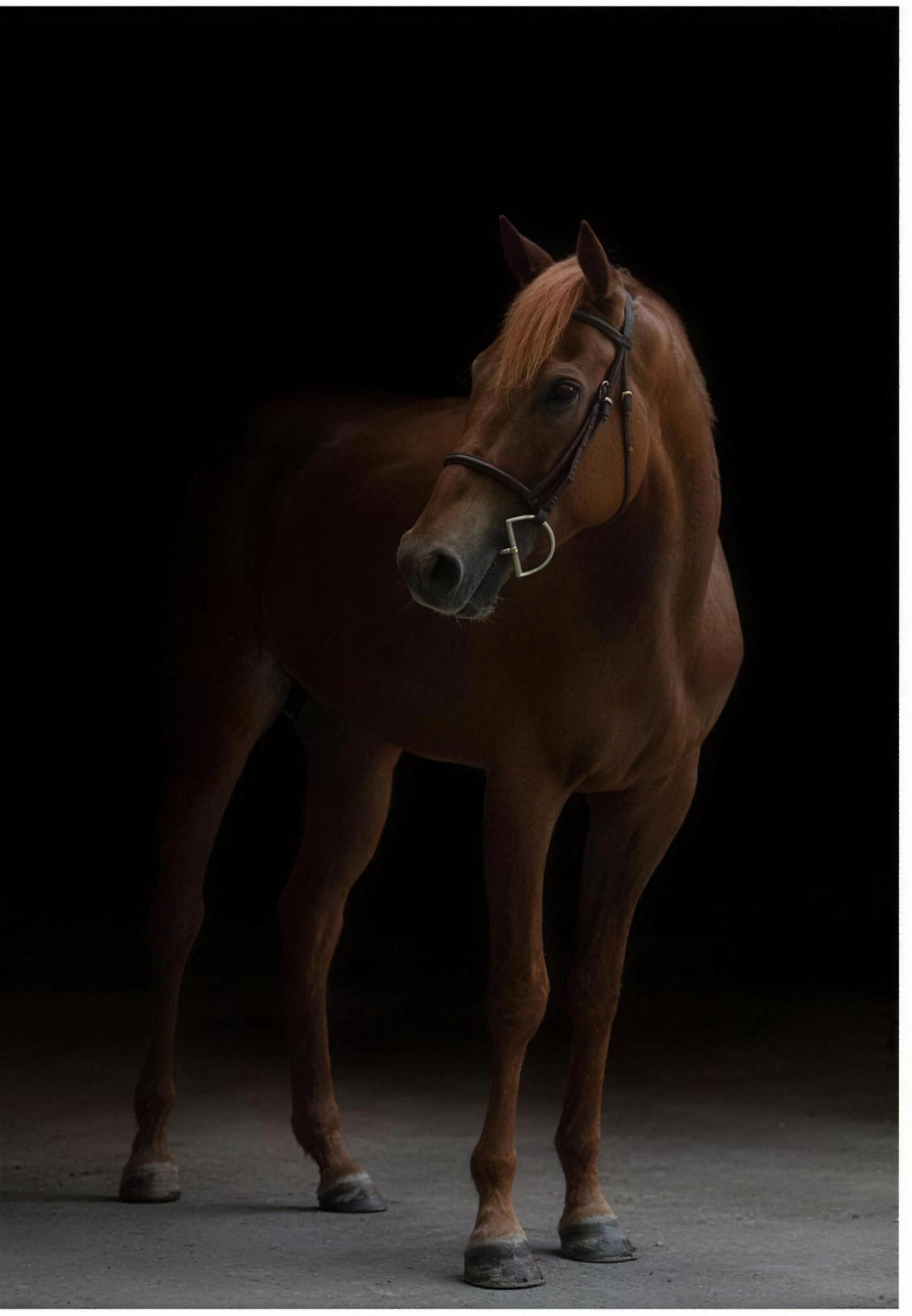 Chestnut horse standing against a dark background