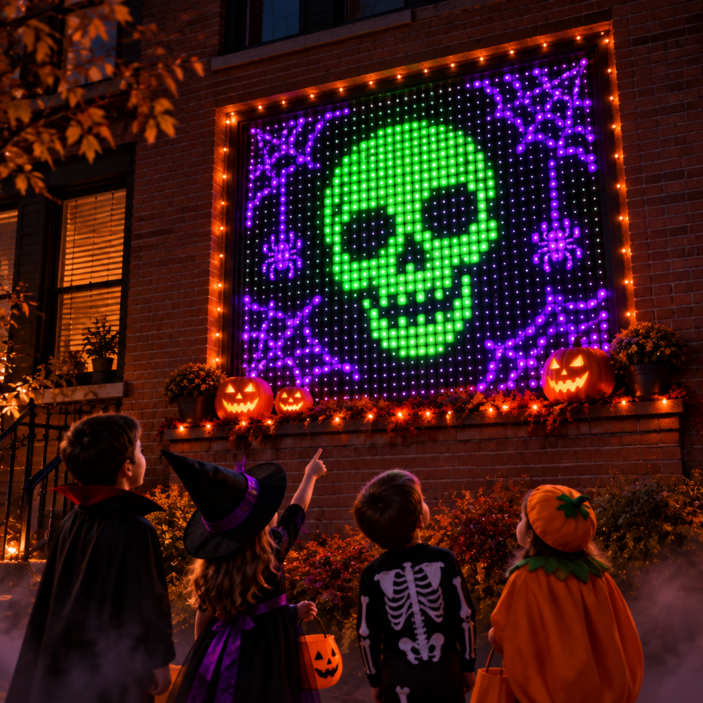 LED curtain glowing on apartment building with trick-or-treaters
