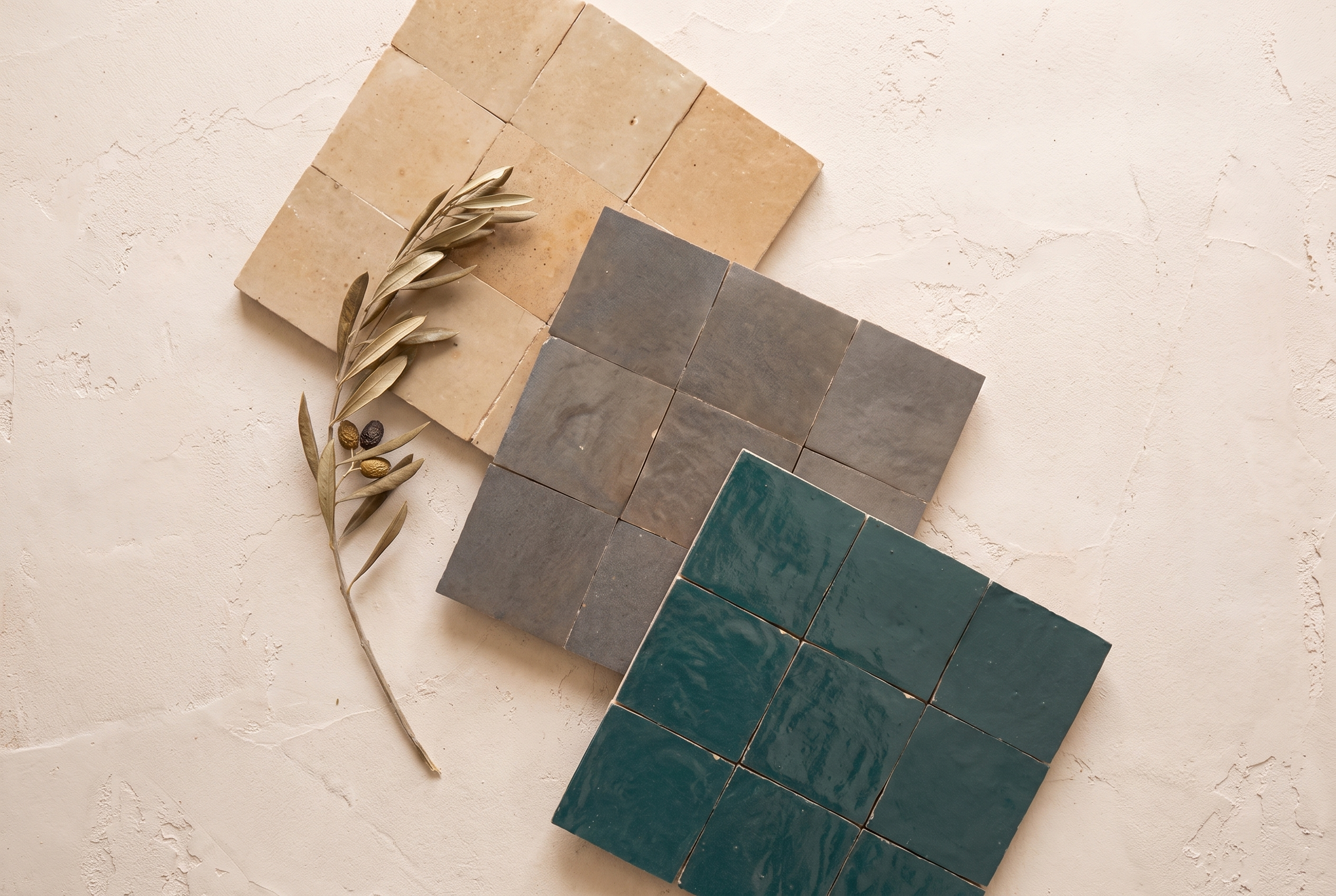 Three handmade Zellige tile swatches in sandy beige, earthy gray, and deep teal, showing the natural glaze variation across colors