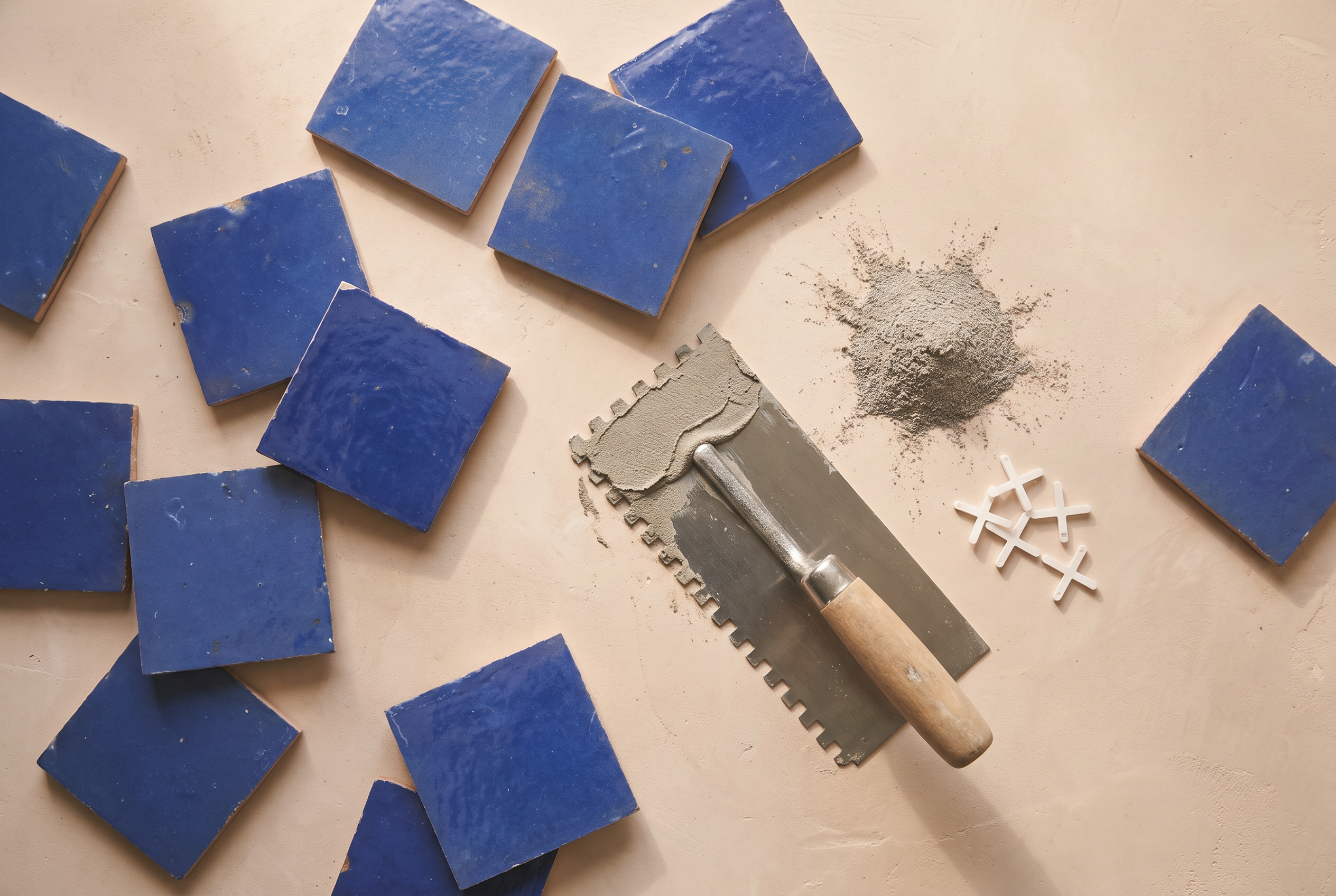 Handmade Royal Blue Zellige tiles laid out with a notched trowel, mortar, and tile spacers ready for installation