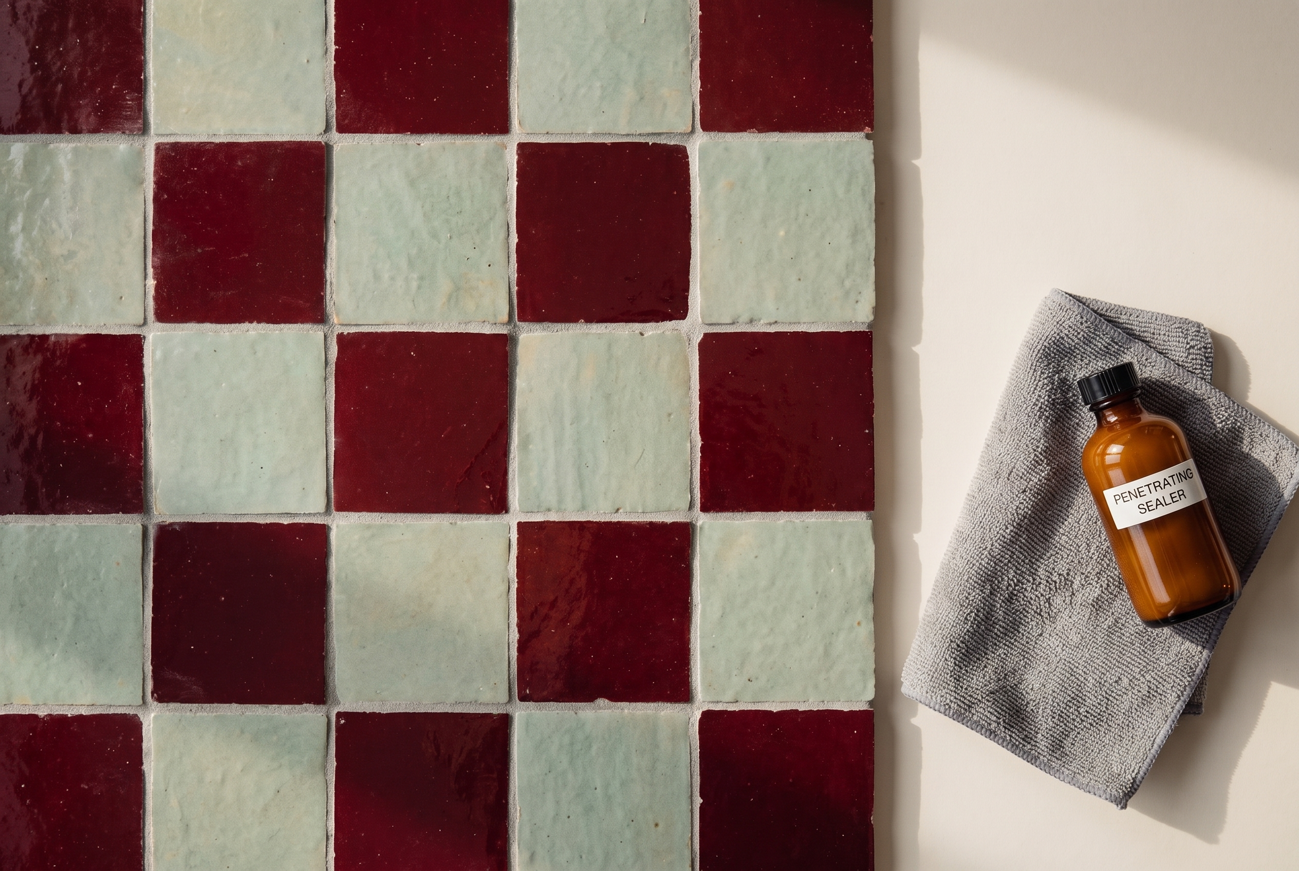 Freshly grouted Burgundy Red and Celadon Mint Zellige tile section with a sealer bottle and cloth nearby