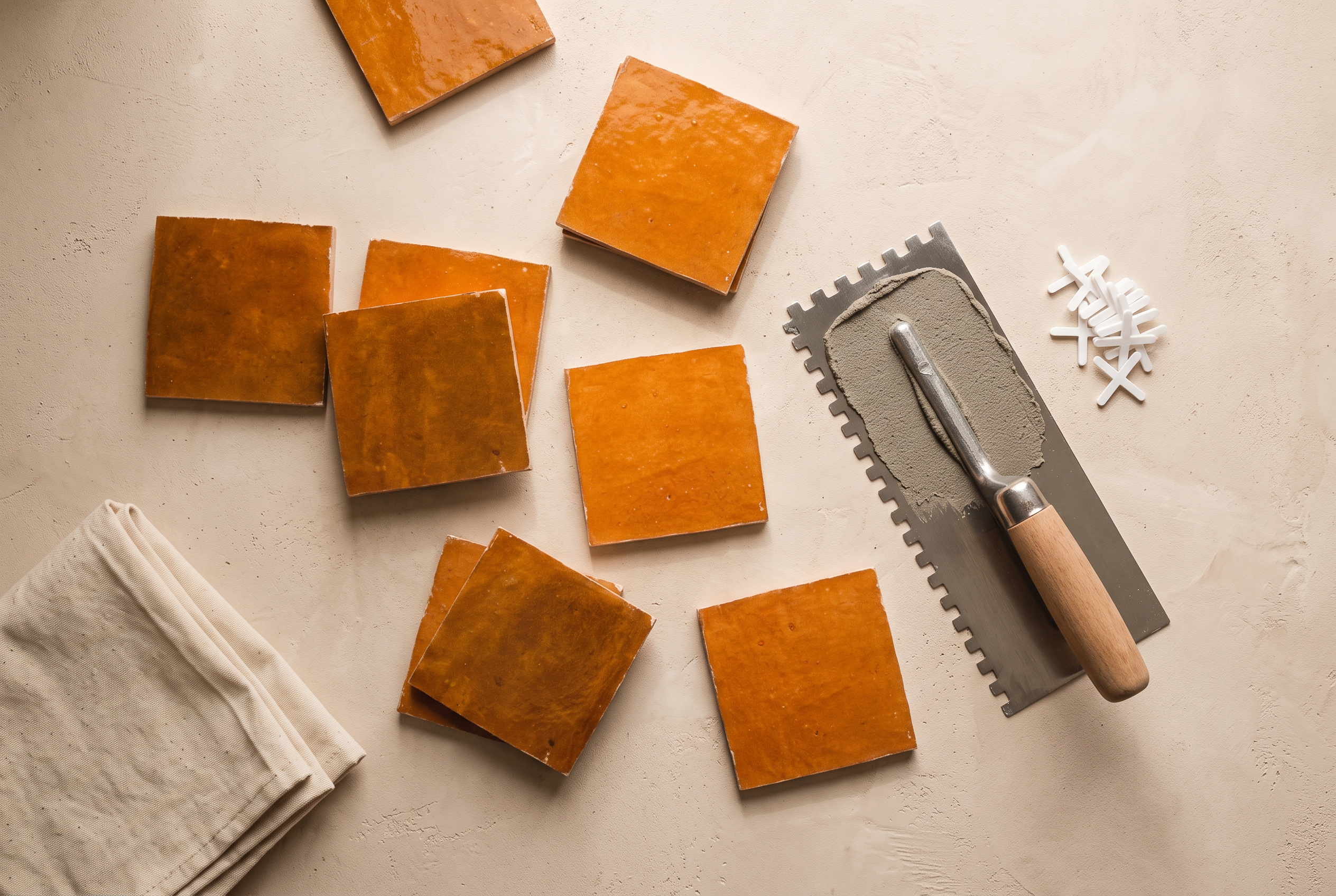 Flat-lay of loose Burnt Orange Zellige tiles, a trowel with thin-set mortar, and tile spacers on a plaster surface