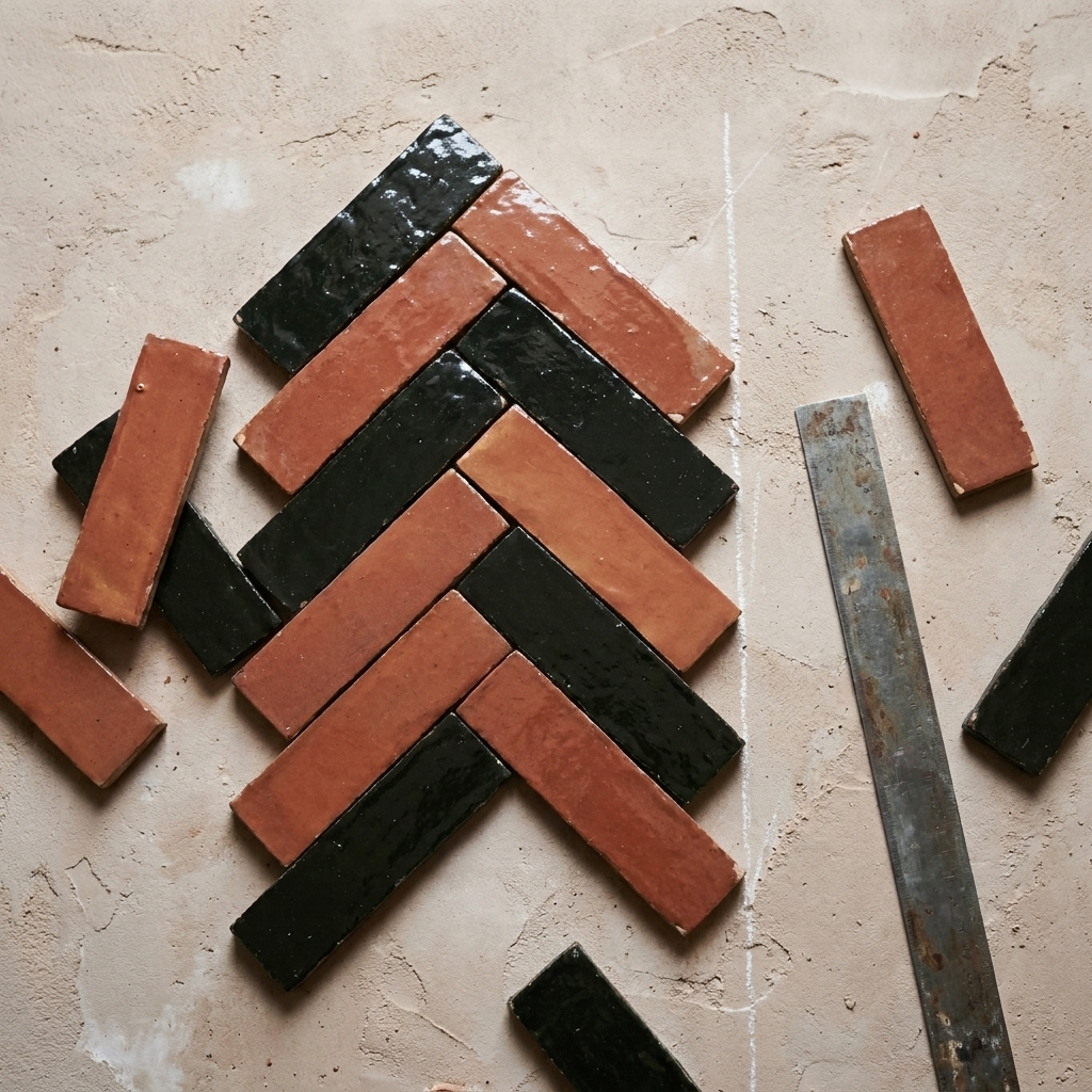 Flat-lay of Terra and Onyx Black bejmat brick tiles arranged in a herringbone pattern with a chalk line and straightedge