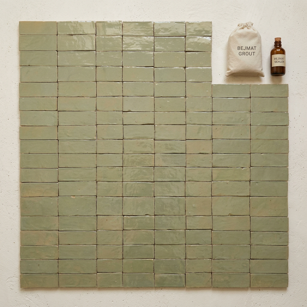 Flat-lay of Sage Green bejmat tiles in a straight grid with a grout bag and sealer bottle