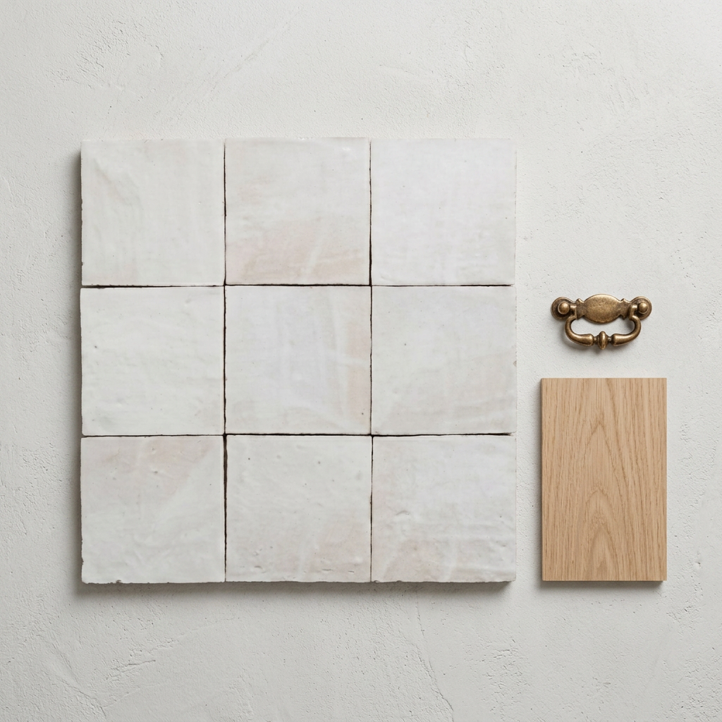 Flat-lay of off-white zellige tiles with a brass drawer pull and light oak wood veneer