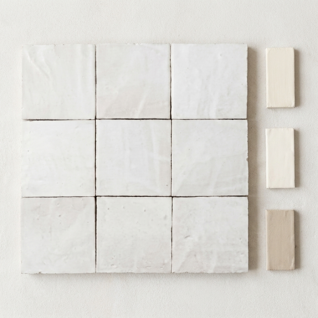 Flat-lay of off-white zellige tiles with cream, warm white, and linen grout sample swatches