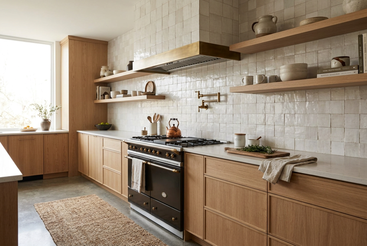 Kitchen with an off-white zellige tile backsplash behind the stove and countertop