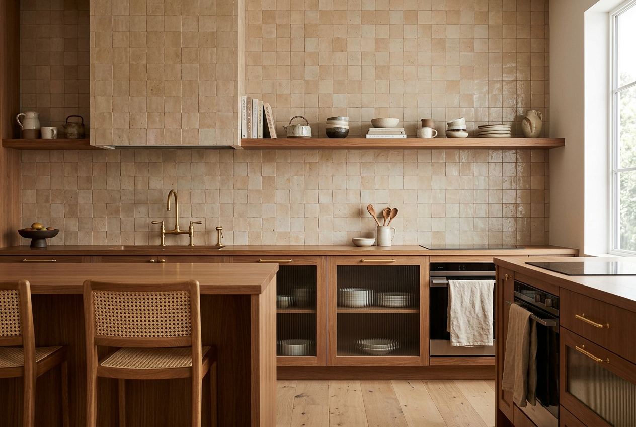 Kitchen backsplash in Sahara Beige zellige tile
