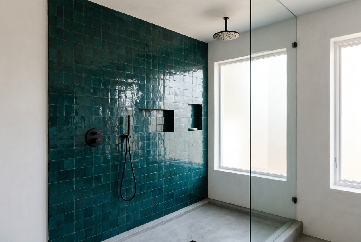 Bathroom shower wall in Teal zellige tile