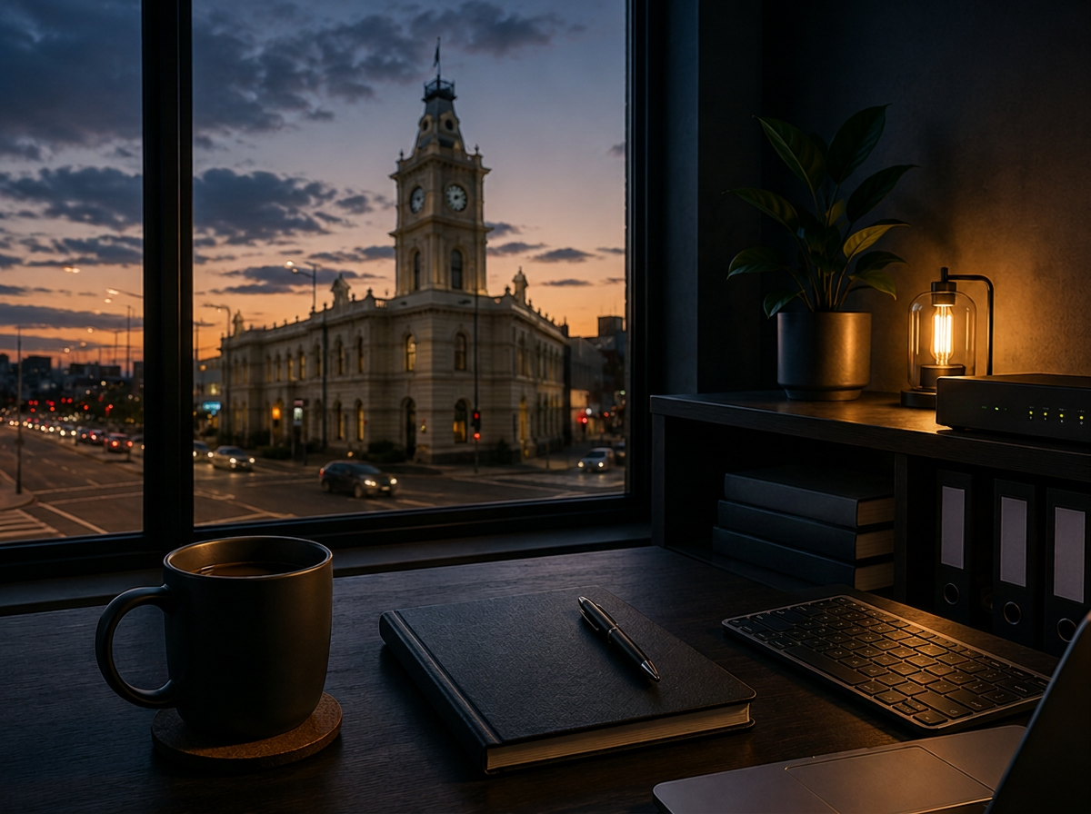 IT office workspace overlooking Dandenong's historic Drum Theatre and clock tower at dusk