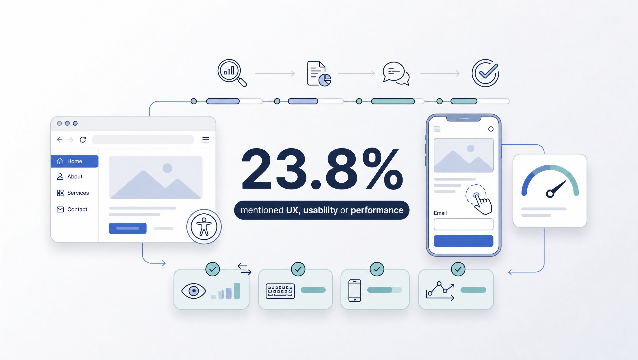 Website UX and performance graphic with desktop and mobile layouts, accessibility, navigation, form, and speed indicators.