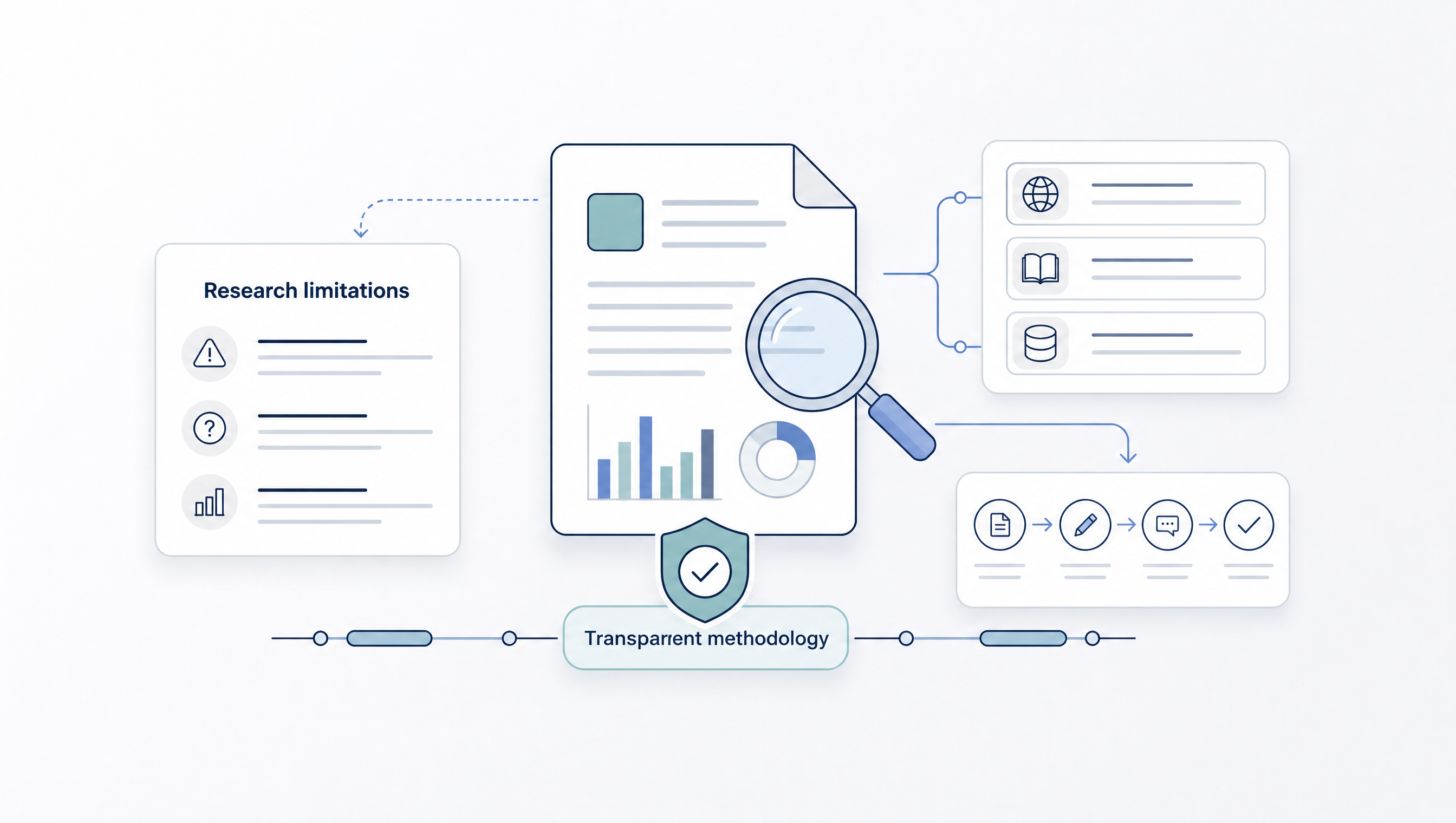 Research transparency graphic showing methodology notes, source review, disclosure, and audit checks.