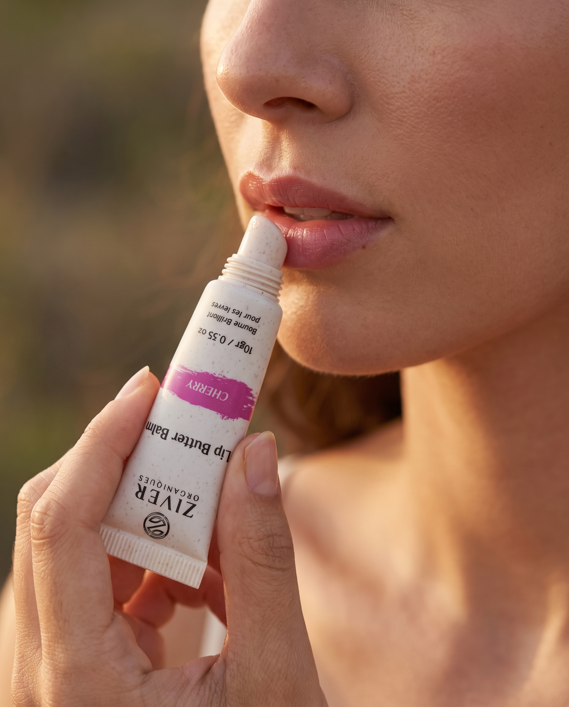 Applying Ziver Organiques Lip Butter Balm as part of a natural lip care routine