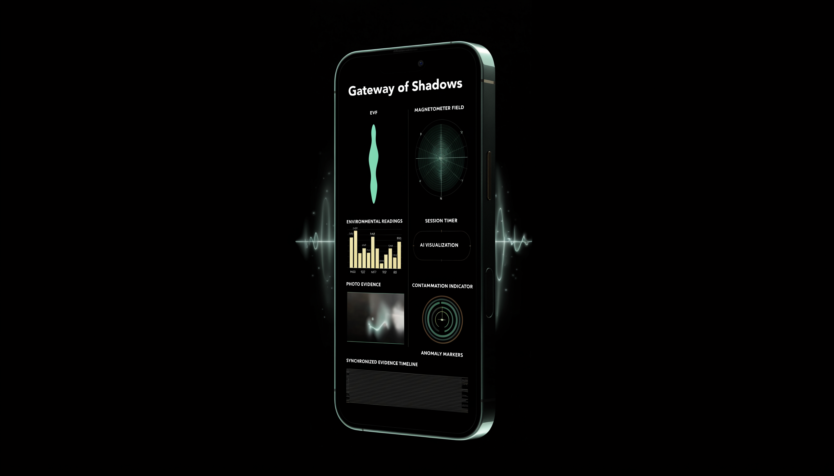 Gateway of Shadows investigation dashboard displayed on an upright matte-black smartphone