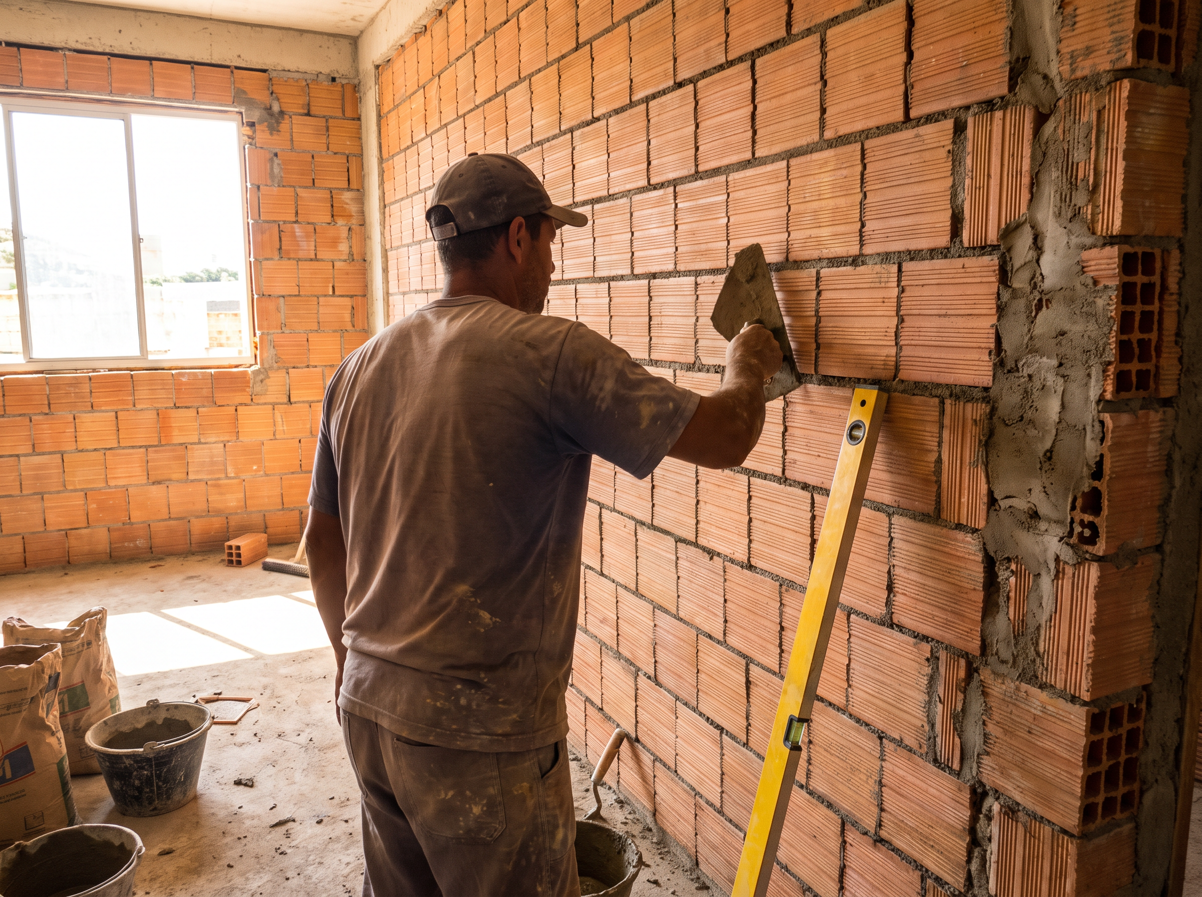 Bricklayer construindo parede de alvenaria com nível de bolha