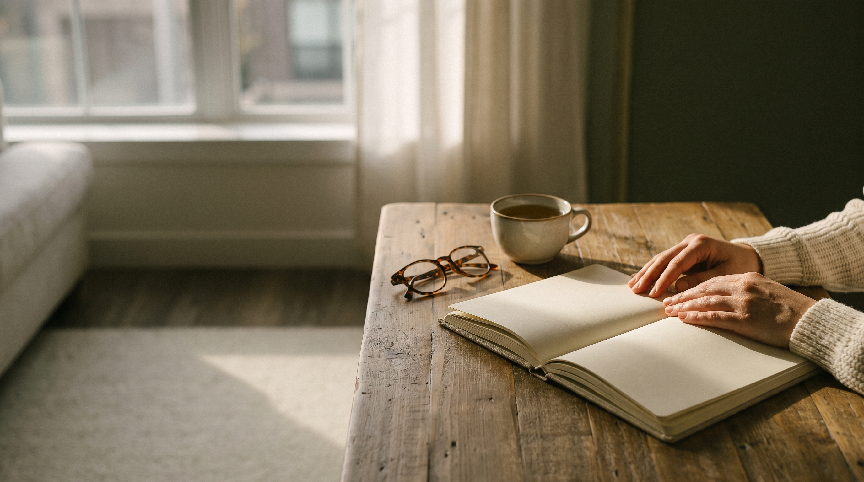 Open notebook, reading glasses and a cup of tea on a wooden table in warm morning light