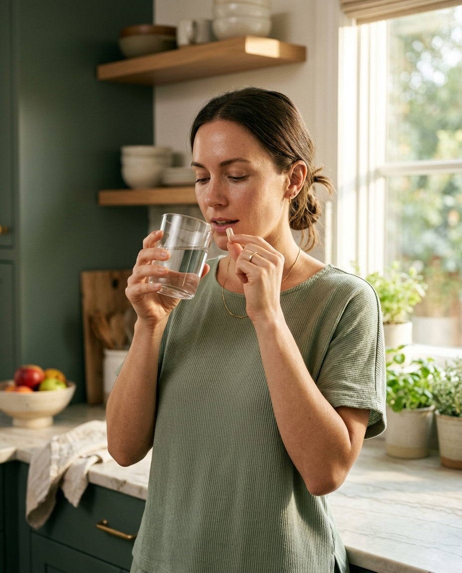 A woman taking a single supplement capsule with a glass of water